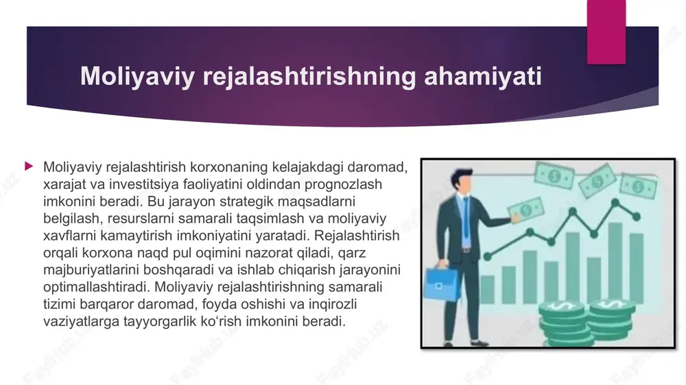 sh, yangi texnologiyalarni joriy qilish va bozor ulushini oshirishga yordam beradi. shu bilan birga, investitsion qarorlar moliyaviy tahlil va rentabellikni hisobga olgan holda amalga oshirilishi kerak. risklarni baholash, loyiha samaradorligini tahlil qilish va moliyaviy resurslarni to‘g‘ri taqsimlash investitsion faoliyatni muvaffaqiyatli qiladi. to‘g‘ri boshqarilgan investitsiyalar korxona moliyaviy barqarorligini mustahkamlaydi. risklarni boshqarish moliyaviy risklarni boshqarish korxonaning barqarorligini ta’minlashda muhim ahamiyatga ega. risklar bozor o‘zgarishlari, foiz stavkalari, inflyatsiya, valyuta kursi va yetkazib beruvchi bilan bog‘liq bo‘lishi mumkin. risklarni boshqarish uchun diversifikatsiya, sug‘urta, hedjing va moliyaviy monitoring usullari qo‘llaniladi. shu orqali korxona moliyaviy inqirozlarni oldini oladi va moliyaviy barqarorlikni saqlaydi. risklarni aniqlash va baholash tizimi qaror qabul qilishni soddalashtiradi va moliyaviy xavflarni kamaytiradi. ichki va tashqi moliyaviy audit moliyaviy audit korxona faoliyatining shaffofligini va moliyaviy barqarorligini ta’minlaydi. ichki audit ichki nazoratni kuchaytiradi, xatolik va firibgarliklarni aniqlaydi. tashqi audit esa investorlar, kreditorlar va davlat organlari uchun ishonchli moliyaviy hisobotlarni taqdim etadi. audit orqali moliyaviy siyosatni …