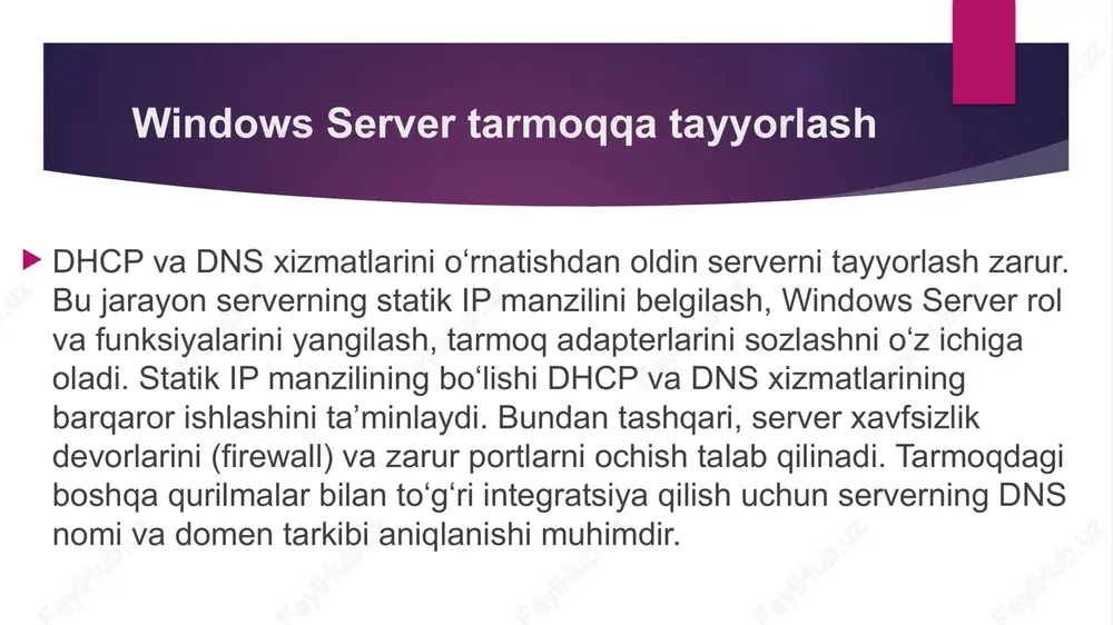 yaratish orqali dns server domen nomlarini ip manzillarga tarjima qiladi va tarmoq resurslariga kirishni boshqaradi. har bir zona ma’lumotlarining integratsiyasi tarmoq ishlashini tezlashtiradi. forward va reverse lookup zonalari forward lookup zone domen nomlarini ip manzillarga o‘giradi. reverse lookup zone esa ip manzillarni domen nomlariga o‘giradi. ushbu zonalar tarmoqdagi qurilmalarning manzilini tez aniqlash, diagnostika va xavfsizlikni ta’minlash uchun muhim. forward va reverse lookup zonalarini to‘g‘ri sozlash orqali tarmoqdagi resurslar o‘rtasidagi muloqot soddalashadi. shuningdek, tarmoqdagi nosozliklarni aniqlash va tahlil qilish osonlashadi. dns rekordlari dns rekordlari domen nomlarini ip manzillarga bog‘laydi. eng ko‘p ishlatiladigan rekordlar: a record (ip manzil), cname (alias), mx (mail server) va ptr (reverse lookup). a record foydalanuvchining domen so‘rovini ipga o‘giradi, cname nomni boshqasiga yo‘naltiradi, mx pochta serverini aniqlaydi, ptr esa ipdan nomga o‘giradi. dns rekordlarini to‘g‘ri sozlash tarmoqni barqaror ishlashini ta’minlaydi. dns forwarders va caching forwarders – dns so‘rovlarini boshqa dns serverlarga yo‘naltirish imkonini beradi. bu, masalan, internet …