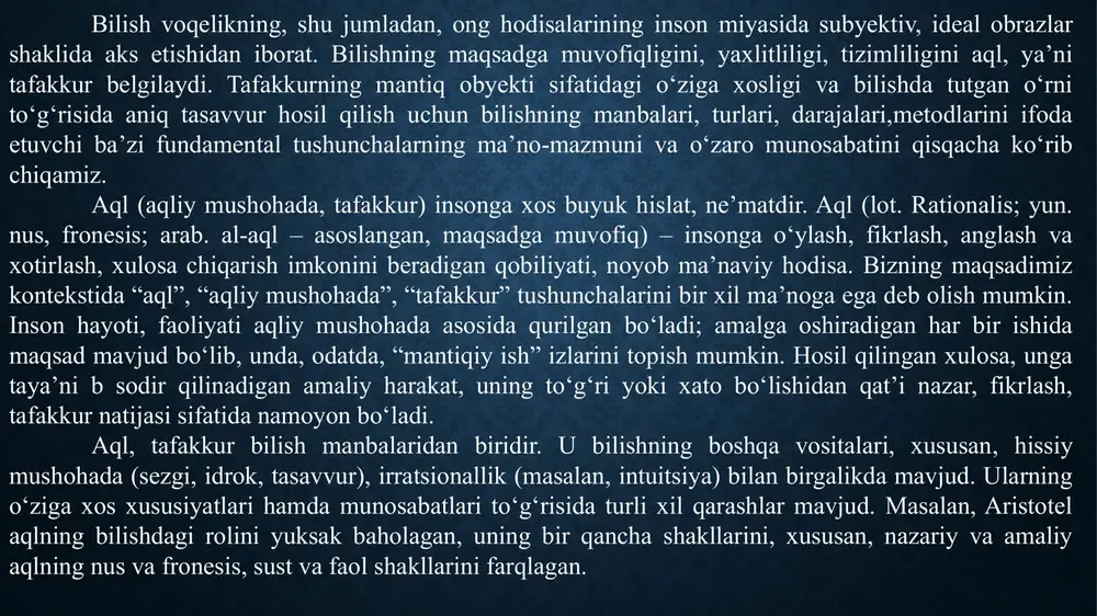 ilar aqliy mehnat bilan shug‘ullanadilar”, “hamma kapalaklar hasharotdir” degan fikrlarning mazmuni turlicha bo‘lsa-da, ularning tuzilishi, shakli bir xildir. shuning uchun ularni “hamma s – r dir” yoki “hamma p – q dir”, deb ifodalash mumkin. mazkur formuladan foydalanib, yana boshqa ko‘plab mulohazalarni hosil qilish mumkin. bu mulohazalar klassik mantiqda, ya’ni an’anaviy formal mantiqda, odatda, ikki qiymatlidir, ya’ni ular chin yoki xato bo‘ladi. zamonaviy formal (simvolik) mantiqning turli yo‘nalishlarida (ular birgalikda noklassik mantiq deb nomlanadi) mulohazalarning chinligi turli darajadagi ehtimollikdan iborat bo‘lishi, ya’ni ko‘p qiymatli (ko‘p ma’noli) bo‘lishi mumkin. shunga muvofiq ravishda ko‘p ma’noli noklassik mantiq turlari shakllangan. ko‘p ma’noli mantiq hozirgi zamon noklassik mantig‘ining bir tarmog‘i bo‘lib, fikrlashni “chin”, “xato”, “qisman chin”, “qisman xato” kabi tushunchalar orqali ifodalaydi. agar umumiy formal mantiqda mulohazalar ikki qiymatli (chin yoki xato) bo‘lsa, ko‘p ma’noli mantiqda mulohazalar uchta va undan ortiq qiymatlidir. shuning uchun bu mantiq “ko‘p ma’noli mantiq” deb yuritiladi. bu mantiqda eng …