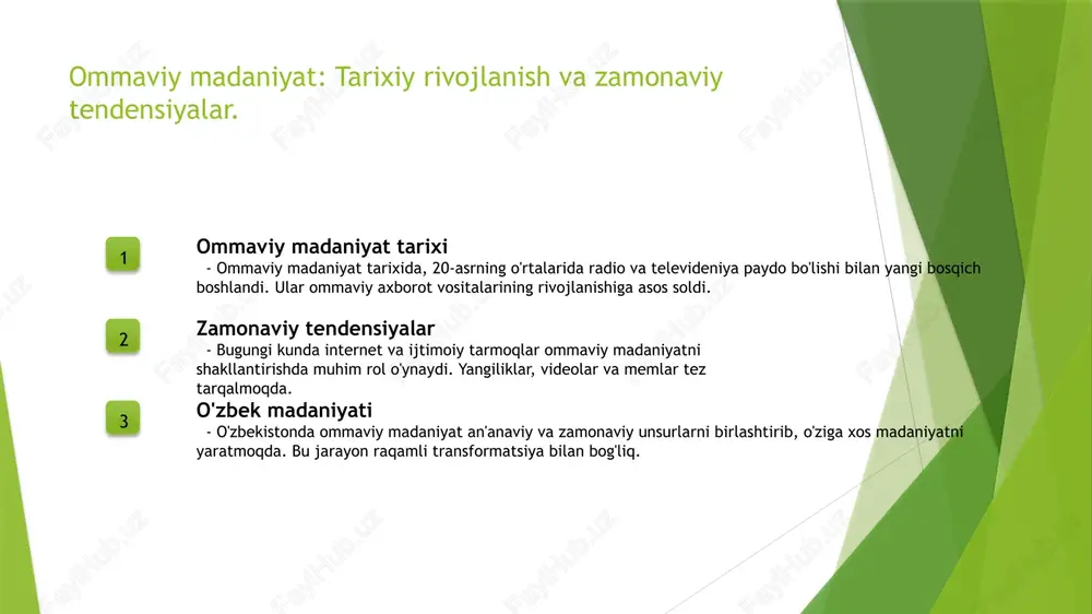 ivojlantirishga yordam berdi, bu esa axborot almashish va ta'lim imkoniyatlarini kengaytirdi. 2 raqamli imkoniyatlar raqamli media platformalari, masalan, ijtimoiy tarmoqlar, o'zbekiston yoshlariga yangi fikrlar va kreativ loyihalarni amalga oshirish imkoniyatlarini taqdim etadi. 3 ijtimoiy chaqiruvlar internet va raqamli media, o'z navbatida, axborot va disinformation muammolarini keltirib chiqaradi, bu esa jamiyatda yangi ijtimoiy muammolarni yuzaga keltiradi. 4 madaniy o'zgarishlar raqamli texnologiyalar o'zbekistondagi madaniy o'zgarishlarga ta'sir qiladi, an'anaviy qadriyatlar va zamonaviy yondashuvlar o'rtasida muvozanatni ta'minlaydi. o'zbek matbuotining o'ziga xosligi: an'anaviy va zamonaviy uslublar. 01 an'anaviy uslublar o'zbek matbuotining an'anaviy uslublari, asosan, gazetalar va jurnallardagi maqolalarda ko'rinadi. ular xalq madaniyatini, urf-odatlarni va tarixiy voqealarni yoritadi. 02 zamonaviy uslublar zamonaviy o'zbek matbuoti raqamli platformalarda o'z ifodasini topmoqda. internet va ijtimoiy tarmoqlar orqali yangi formatlar va uslublar paydo bo'ladi. 03 uslublar o'zaro ta'siri an'anaviy va zamonaviy uslublar o'zaro ta'sirda bo'lib, yangi g'oyalar va metodlarni yaratadi. bu jarayon o'zbek matbuotini yangilab, rivojlantiradi. o'zbek media ekosistemasi: ijtimoiy …