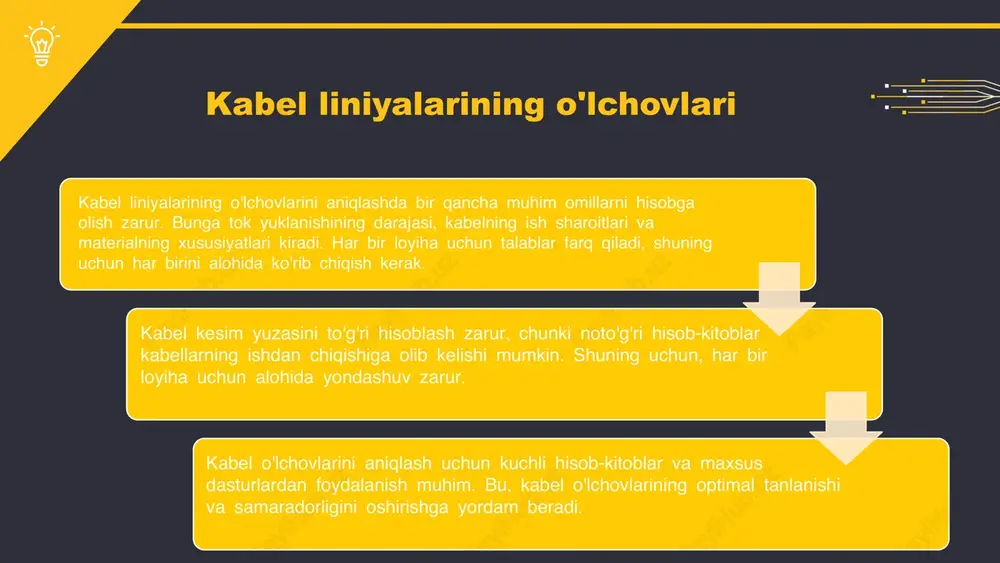 - muimportant omillar: narx, sifat va xavfsizlik kabelni tanlashda muhimdir. narx samaradorligi, sifat ishonchliligi va xavfsizlik standartlariga muvofiqlikni ta'minlash zarur. photo by american public power association on unsplash amaliy misollar mavjud muammolar yechimlar taklifi risklar va xavflar amaliy misollar orqali kabel kesim yuzasini tanlash jarayonini chuqurroq tushunish mumkin. ushbu misollar muammolarni yechish uchun foydali strategiyalarni ko'rsatadi. kabel kesim yuzasini tanlashda yuzaga keladigan muammolar, masalan, noto'g'ri hisob-kitoblar yoki materiallar sifatining pastligi. bular yechimini kutayotgan jiddiy muammolar. yechimlar taklif etish jarayonida, tajribalar asosida yanada samarali va ishonchli yechimlar ishlab chiqish mumkin. amaliy misollar kelajakda muammolarni oldini olishga yordam beradi. kabel liniyalarining noto'g'ri tanlanishi yoki o'zgarishi natijasida kelib chiqadigan xavflar, energiya yo'qotishlari va tizimning ishonchliligi bilan bog'liq muammolarni keltirib chiqarishi mumkin. s w o t kelajakda kabel kesim yuzasi tanlash - kabel kesim yuzasi tanlashda innovatsiyalar muhim ahamiyatga ega. - yangilangan texnologiyalar va yangi materiallar energiya samaradorligini oshirishda yordam beradi. - innovatsiyalar o'rnatish …