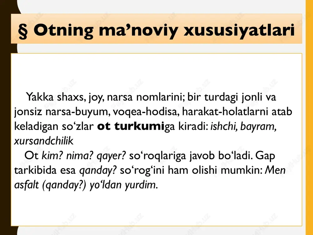 arakatni anglatadi ("tashakkur qildi"). natijaviy funksiya: bu jarayon natijasida "tashakkur" ot sifatidagi ma’nosini saqlagan holda, fe’l sifatida ishlaydi. qo‘shimcha misollar: "rahmat" (ot) → "rahmat aytdi" (fe'l). "e’tirof" (ot) → "e’tirof etdi" (fe'l). "bayon" (ot) → "bayon qildi" (fe'l). fe'ldan otga o‘tish jarayonning sabablari: abstrakt ma’noni ifodalash: "so‘rashdi" so‘zi harakat yoki jarayonni ifodalaydi (fe’l vazifasi). "so‘rash" so‘zi ot sifatida bu jarayonni umumiy tushuncha sifatida tasvirlaydi. bu, odatda, tushuncha, hodisa yoki jarayonni nomlash ehtiyojidan kelib chiqadi. ma'no kengayishi yoki umumlashuvi: fe’l ma’nosi kengayib, harakatni bildiruvchi jarayondan abstrakt hodisani anglatishga o‘tadi. "so‘rash" bu yerda muloqot qilishning odobli shakli sifatida tushuniladi. tahlilning bosqichlari: boshlang‘ich holat: so‘rashdi so‘zi fe’l bo‘lib, vaqtga va shaxsga bog‘liq harakatni bildiradi. nomlash jarayoni: fe’lning ma’nosi torayib, faqat harakatni emas, balki bu harakatning nomini ifodalovchi otga aylanadi ("so‘rash"). natijaviy funksiya: bu jarayon natijasida fe’l bo‘lgan so‘z otning sintaktik vazifasini bajaradi va harakatning o‘zi emas, balki tushunchasi tasvirlanadi. qo‘shimcha misollar: "yurdi" (fe'l) …