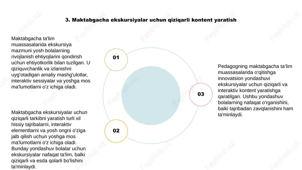 ishiga hissa qo'shishini ta'minlaydi. 3 bundan tashqari, o'qituvchi ota-onalarni ushbu maktabgacha ekskursiyalarga faol jalb qiladi. hamkorlikdagi yondashuvni rag'batlantirish orqali ota-onalar o'z farzandlarining ta'lim yo'lida muhim sherik bo'lishadi va ularning ishtiroki ekskursiyalarning umumiy muvaffaqiyati va ta'sirini oshiradi. 9. individual ta'lim uslublarini qondirish uchun o'quv yondashuvini moslashtirish innovatsion o'qituvchilar, ayniqsa, maktabgacha ta'lim muassasalarida individual ta'lim uslublariga rioya qilish muhimligini tushunadilar. o'quv uslubini moslashtirib, o'qituvchilar har bir bolaning o'ziga xos ta'lim uslubini samarali hal qilishini ta'minlashi mumkin. 01 ushbu yondashuv shaxsiylashtirilgan ta'lim tajribasiga imkon beradi, bu erda har bir bola o'z tezligida o'z mahoratini rivojlantirishi mumkin. ekskursiyalar uchun puxta ishlab chiqilgan tarkib orqali o'qituvchilar har bir bolaning o'rganish uslubiga mos keladigan mazmunli o'rganish imkoniyatlarini yaratishi mumkin. 02 pirovardida, maktabgacha ta’lim muassasalarida o‘qitish va ekskursiya mazmuniga pedagogning innovatsion yondashuvi individual ta’limning ahamiyatini ta’kidlab, yanada inklyuziv va samarali ta’lim muhiti uchun zamin yaratadi. 03 10. maktabgacha ekskursiyalarda xavfsizlik masalalarini hal qilish pedagogning maktabgacha ta’lim muassasalarida …