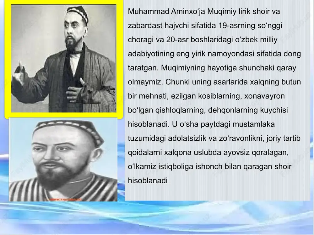 aharni vaqtincha bo‘lsa-da tark etishiga sabab bo‘lganligi tabiiy. “sayohatnoma”da muallif obrazining bunday ma’yus, ko‘ngli mahzun, dili yarali holda tasvirlanishi tasodifiy hol emas. “sayohatnoma”dagi muallif obrazi muqimiy she’riyatidagi lirik qahramon xarakteriga hamohang bo‘lib, uni ma’lum ma’noda to‘ldiradi. shoir lirik qahramoni ham adolatsizlik va nohaqlik hukmron bo‘lgan jamiyatda o‘zining yuksak orzu-umidlariga yeta olmaganidan so‘ng chor-nochor hasrat qilishga, davr va muhitdan nolishga, bevafo charxdan shikoyat qilishga majbur bo‘lgan edi. “sayohatnoma”da ham xuddi shunday holatlarning guvohi bo‘lamiz. mavjud turmushdan, unda o‘rnatilgan zo‘ravonlik tartiblaridan, yuqori tabaqalar manfaatiga xizmat qilayotgan qonun-qoidalardan ko‘ngli to‘lmagan shoir uni tark etishni xohlaydi, ma’yus va mahzun bo‘lib, sahrolarni orzu qilib qoladi. muallifning “sahro chiqish darkor ekan” degan so‘zlarida o‘zi mansub bo‘lgan jamiyat orasiga sig‘may qolib, sahrolarga bosh olib ketgan, qays – majnun ahvolini his qilamiz. “sayohatnoma” o‘z davri nuqtai nazaridan realistik badiiy asar bo‘lib, shunday janr (murabba') da yaratilgan o‘zidan oldingi so‘z san’ati namunalaridan ancha olg‘a ketadi unda hokim guruhlar va …