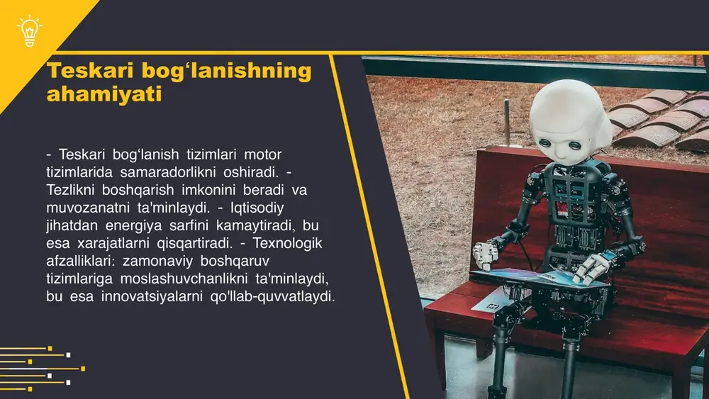atni yaxshilashga yordam beradi. teskari bogʻlanish tizimlarida sun’iy intellekt va mashinani oʻrganish texnologiyalaridan foydalanish samaradorlikni oshiradi. bu yondashuvlar jarayonlarni tezlashtiradi va energiya sarfini kamaytiradi. kelajakda ushbu innovatsiyalar amaliyotda keng qoʻllaniladi. samaradorlikni oshirish uchun teskari bogʻlanish tizimlarida bir qator usullarni amalga oshirish mumkin. bular avtomatik nazorat tizimlarini joriy etish, dasturiy ta'minot orqali real vaqt rejimida ma'lumotlarni tahlil qilish va yangi texnologiyalarni qoʻllashdir. shuningdek, innovatsiyalar bilan tizimlarning samaradorligini oshirish uchun yangi yondashuvlar ishlab chiqish zarur. samaradorlikni oshirish usullari innovatsiyalar va yangi texnologiyalar kelajakdagi teskari bogʻlanish tendensiyalari kelajakda teskari bogʻlanish nazariyasi va amaliyoti innovatsiyalar bilan rivojlanadi. yangi texnologiyalar, masalan, sun'iy intellekt va katta ma'lumotlar, teskari bogʻlanish jarayonlarini samarali boshqarishga yordam beradi. avtomatlashtirish, masofaviy monitoring va real vaqt rejimida nazorat qilish metodlari teskari bogʻlanishning rivojlanish yoʻnalishlari sifatida ko'rib chiqilmoqda. bu tendensiyalar teskari bogʻlanish samaradorligini oshirishda muhim rol o'ynaydi. photo by american public power association on unsplash teskari bogʻlanish tushunchasi teskari bogʻlanish - tizim chiqish …