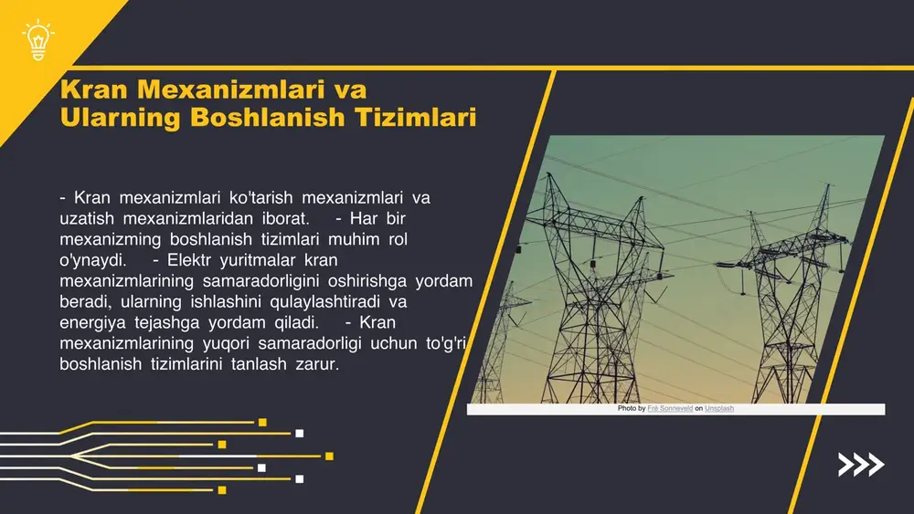 'ljallangan. bu dizaynlar energiya sarfini kamaytirishga yordam beradi. ushbu yuritmalar energiya iste'molining tahlili va ishlash vaqtini o'rganishga asoslanadi. natijada, energiya tejamkorligini ta'minlaydi. amaliy misollar, masalan, muayyan kranlarda elektr yuritmalarining qo'llanilishi va ular tomonidan erishilgan natijalar ko'rsatiladi. kran mexanizmlarida elektr yuritmalarining foydalari, energiya tejash, ish samaradorligini oshirish va xizmat muddatini uzaytirish bilan bog'liq. kelajak istiqbollari va innovatsiyalar kran mexanizmlarining elektr yuritmalaridagi kelajak istiqbollari zamonaviy texnologiyalarni joriy etish orqali samaradorlik va xavfsizlikni oshirishga qaratilgan. yangi innovatsiyalar, masalan, avtomatlashtirilgan boshqaruv tizimlari va aqlli sensorlar yordamida ish jarayonlarini optimallashtirish mumkin. yangi texnologiyalar energiya samaradorligini oshirish va yangi materiallar bilan qurilish yechimlarini taklif etadi. bu innovatsiyalar kran mexanizmlarini yanada ishonchli va samarali qiladi, shu bilan birga energiya iste'molini kamaytiradi. qayta ishlash va energiya samaradorligini oshirish yo'llari atrof-muhitni muhofaza qilish va resurslardan foydalanishni yaxshilashga qaratilgan. kran mexanizmlarida resurslardan oqilona foydalanish kelajakda muhim o'rin tutadi. kelajak texnologiyalari va innovatsiyalar yangi texnologiyalar kran mexanizmlarida samaradorlikni oshirishga yordam beradi. …