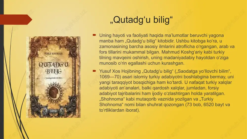 ealar rivoji, qahramonlarning oʻzaro suhbati, bahsmunozarasi, savol-javoblari, pandnasihatlari vositasida hal qilinadi. muallif bahsli masalalar yuzasidan ham axloq-odob, ilm, insoniylik va adolat doirasida fikr yuritadi hamda podshoh va amaldorlardan tortib dehqonu hunarmandgacha — jamiyatdagi barcha toifalarning huquq va burchlari haqida oʻz mulohazalarini bildiradi. borliq haqidagi bilimlarga toʻxtalgan yusuf xos hojib odam bilishi mumkin boʻlmagan narsa, bilim bilan yechilmaydigan jumboq yoʻq, bilim tufayli osmon sari ham yoʻl ochiladi, deydi; bilish uchun esa tinmasdan oʻrganish lo-zim, deb uqtiradi. „qutadgʻu bilig“ qoraxoniylar hokimiyatining oʻziga xos nazmiy nizomnomasi boʻlib, bu ramziy-timsoliy asar yurt egalari boʻlmish hukmdorlar va katta-kichik amaldorlarga atab yozilgan va asarda ularga mamlakatni adolat bilan boshqarish, tinchlikni saqlash, raiyatga zulm qilmaslik, bilʼaks, xalqning ogʻirini yengil qilish, turmushini farovon aylash, jamiyatning maʼnaviyaxloqiy negizlarini mustahkamlash, ilm-maʼrifatga keng eʼtibor berish, isteʼdod sohiblarini qoʻllab-quvvatlash, huquq, burch, adolat boʻyicha maslahat va tavsiyalar berilgan. hukmdorlar adabnomasi — „qutadgu bilig“ qoraxoniylar sulolasi misolida turkiy davlatchilik asoslari yangi bosqichga koʻtarilgan davrda …