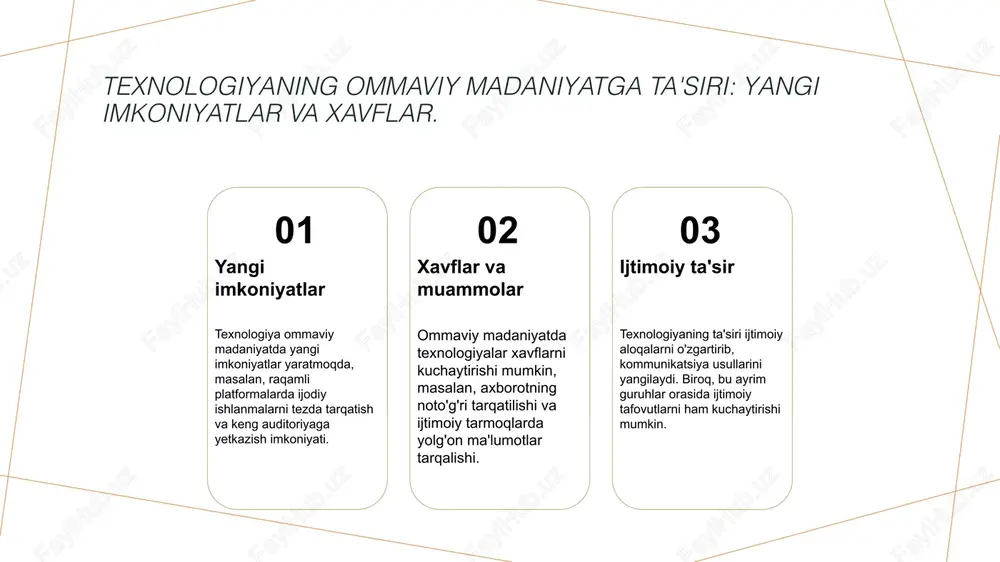 y chaqiruvlar internet va raqamli media, o'z navbatida, axborot va disinformation muammolarini keltirib chiqaradi, bu esa jamiyatda yangi ijtimoiy muammolarni yuzaga keltiradi. 4 madaniy o'zgarishlar raqamli texnologiyalar o'zbekistondagi madaniy o'zgarishlarga ta'sir qiladi, an'anaviy qadriyatlar va zamonaviy yondashuvlar o'rtasida muvozanatni ta'minlaydi. o'zbek matbuotining o'ziga xosligi: an'anaviy va zamonaviy uslublar. 01 an'anaviy uslublar o'zbek matbuotining an'anaviy uslublari, asosan, gazetalar va jurnallardagi maqolalarda ko'rinadi. ular xalq madaniyatini, urf-odatlarni va tarixiy voqealarni yoritadi. 02 zamonaviy uslublar zamonaviy o'zbek matbuoti raqamli platformalarda o'z ifodasini topmoqda. internet va ijtimoiy tarmoqlar orqali yangi formatlar va uslublar paydo bo'ladi. 03 uslublar o'zaro ta'siri an'anaviy va zamonaviy uslublar o'zaro ta'sirda bo'lib, yangi g'oyalar va metodlarni yaratadi. bu jarayon o'zbek matbuotini yangilab, rivojlantiradi. o'zbek media ekosistemasi: ijtimoiy tarmoqlar va ularning ta'siri. 1 o'zbek media tarmog'i - o'zbek media tarmog'i, milliy va xalqaro platformalarda faoliyat yurituvchi ommaviy axborot vositalarini o'z ichiga oladi, madaniy va siyosiy jarayonlarga ta'sir etadi. 2 ijtimoiy tarmoqlar …