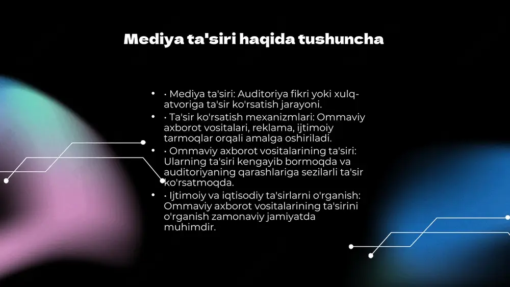 ri ijtimoiy ta'sir ko'rsatish orqali auditoriyaning fikr va qarorlariga ta'sir qiladi. ular stereotiplar yaratish va massaviy hissiyotlar paydo bo'lishiga sabab bo'lishi mumkin. massaviy hissiyotlar - bu ommaviy axborot vositalari orqali tarqatilayotgan umumiy hissiyot yoki kayfiyat. ta'sir ko'rsatadigan omillar texnologik innovatsiyalar, kontent turli xiligi va ma'lumotlarning ahamiyati auditoriyaning qarorlariga ta'sir ko'rsatadi. bu omillar orqali auditoriya o'z fikrlarini shakllantiradi va ijtimoiy muhitda o'z o'rnini belgilaydi. masalan, ijtimoiy tarmoqlardagi ma'lumotlar auditoriyaning fikrlarini tezda o'zgartirishi mumkin. mediya ta'sirining ijtimoiy muammolar bilan bog'liqligi diniy, etnik va jinsiy stereotiplar mediya, diniy, etnik va jinsiy stereotiplarni shakllantiruvchi muhim vosita sifatida, ijtimoiy muammolarni kuchaytirishi yoki ularni hal etishga yordam berishi mumkin. ommaviy axborot vositalari orqali tarqatiladigan ma'lumotlar, jamiyatda mavjud bo'lgan stereotiplarni kuchaytirishi yoki yo'qotishga xizmat qilishi mumkin. ijtimoiy muammolarni keltirib chiqarish ommaviy axborot vositalari ijtimoiy muammolarni keltirib chiqarishning asosiy omillaridan biri bo'lib, ayrim guruhlarni stigmatizatsiya qilish, ijtimoiy kelishmovchiliklarni kuchaytirish va mavjud ijtimoiy muammolarni yanada murakkablashtirishi mumkin. muammolarni hal …