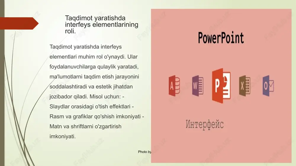 hiroq qabul qilishga ko'maklashadi. 2 o'tish effektlari o'tish effektlari slaydlar o'rtasida silliq o'tishni ta'minlaydi, bu esa taqdimotning professional ko'rinishini oshiradi va ma'lumot almashinuvini qulaylashtiradi. 3 yaxshi misollar animatsiyalar va o'tish effektlarini muvaffaqiyatli qo'llash uchun, masalan, muhim nuqtalarni ta'kidlash yoki murakkab jarayonlarni ko'rsatishda foydalanish tavsiya etiladi. slaydlar dizaynida joylashuv va muvozanatning ahamiyati. slaydlar dizaynida joylashuv va muvozanat taqdimotning samaradorligini oshirishda muhim rol o'ynaydi. to'g'ri joylashuv vizual ko'rinishni yaxshilaydi va ma'lumotning tushunilishini osonlashtiradi. muvozanat esa, tomoshabinlar diqqatini jalb qiladi va slaydning umumiy estetikasi uchun zarur. - joylashuv yaxshi tuzilgan bo'lishi kerak. - muvozanat slaydning elementlari o'rtasida teng taqsimlangan bo'lishi kerak. interfeys elementlaridan foydalanishda ilg'or strategiyalar. 1 ilg'or tajribalar - interfeys elementlaridan foydalanishda ilg'or tajribalar, foydalanuvchilarning takliflariga asoslangan interaktiv tuzilmalarni yaratishda muhim ahamiyatga ega. 2 moslashtirilgan interfeys - foydalanuvchilarning ehtiyojlariga moslashtirilgan interfeys yaratish, taqdimot jarayonini osonlashtiradi va samaradorligini oshiradi. bu, taqdimotlarni ko'proq qiziqarli qiladi. 3 innovatsion texnologiyalar - powerpoint interfeysida innovatsion texnologiyalarni qo'llash, …