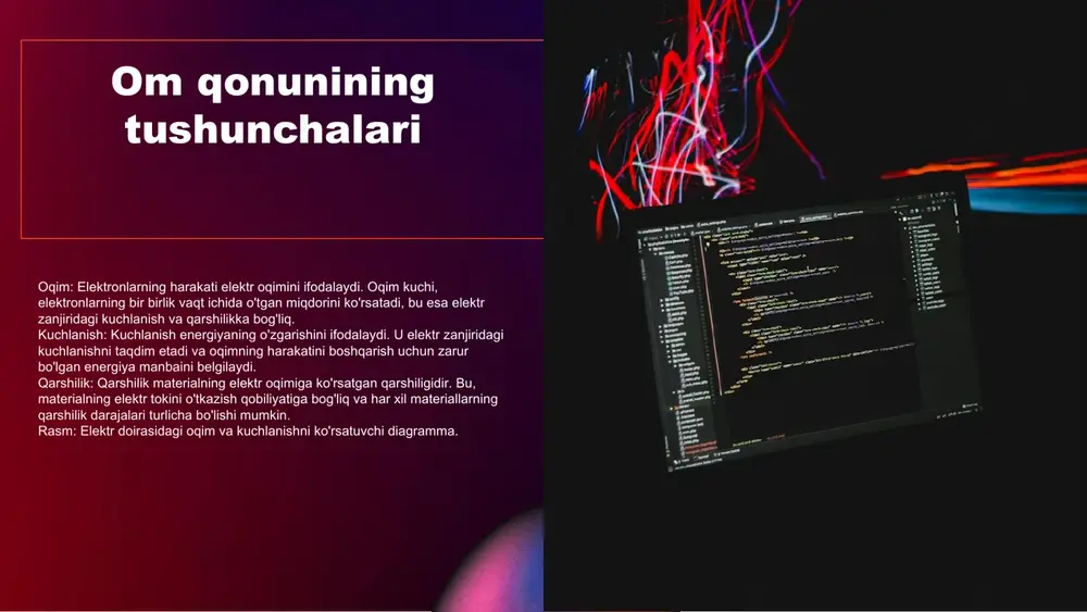 gilaydi. u, i = u / r formulasi orqali, tok (i) kuchlanish (u) va qarshilik (r) bilan bog'liq. **formula:** i = u / r bu yerda: i - tok (amperda), u - kuchlanish (volt), r - qarshilik (omda). ushbu formula, elektr zanjirlarida tokni hisoblashda muhim ahamiyatga ega. **qo'llanilishi:** om qonuni metallarda elektr o'tkazuvchanligini aniqlashda qo'llaniladi. masalan, mis va aluminiy kabi metallarda tokning qarshilikka nisbati ularning o'tkazuvchanligini belgilaydi. shuningdek, bu qonun elektr zanjirlarida ishlatiladigan materiallarning sifatini baholashda yordam beradi. metallar o'tkazuvchanligi nazariyasi metallar o'tkazuvchanligi nazariyasi, elektr toki o'tkazuvchanligini tushuntiruvchi asosiy nazariyadir. bu nazariya metallar ichida elektronlarning harakati orqali elektr toki qanday o'tishini aniqlaydi. o'tkazuvchanlik nazariyasi ohm qonuni bilan bog'liq bo'lib, u metallarni elektr energiyasini qanday qabul qilish va uzatishda tasvirlaydi. natijada, u elektr toki va kuchlanish o'rtasidagi munosabatlarni tushunishga yordam beradi. o'tkazuvchanlik nazariyasining asosiy tushunchalari quyidagilardir: o'tkazuvchanlik, kuchlanish, va elektr toki. bu terminlar elektr energiyasining qanday ishlashini va metallar ichida elektronlarning …