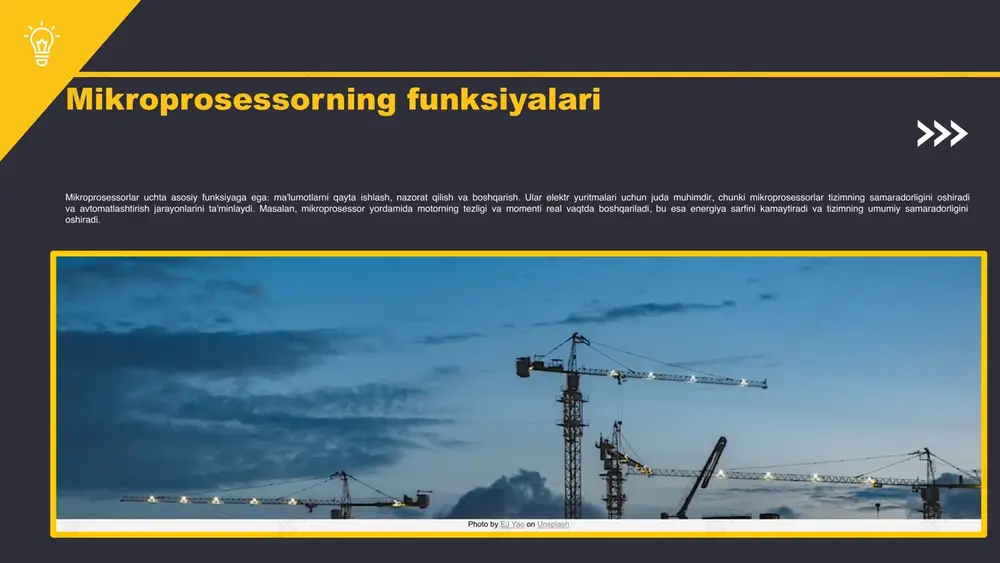 bu ma'lumotlarni qayta ishlash va boshqarish uchun mo'ljallangan elektr qurilmalaridir. ular elektr yuritmalarini avtomatlashtirishda muhim rol o'ynaydi, masalan, motorlar va boshqa mexanik tizimlarning boshqarilishini ta'minlaydi. mikroprosessorlar sensorlardan kelayotgan ma'lumotlarni qabul qilib, ularni tahlil qiladi va shunga muvofiq harakatlarni amalga oshiradi. ushbu jarayonlar elektr yuritmalari samaradorligini oshiradi va tizimlarni yanada intuitiv va ishonchli qiladi. photo by ej yao on unsplash mikroprosessorlarning rivojlanishi mikroprosessorlarning rivojlanishi 1970-yillardan boshlab, dastlabki modellaridan tortib zamonaviy texnologiyalargacha uzluksiz davom etmoqda. ularning ilk versiyalari oddiy hisoblash vazifalarini bajarishga mo'ljallangan bo'lsa, hozirgi kunda ular murakkab elektr yuritmalarini boshqarishda, energiya samaradorligini oshirishda va avtomatlashtirilgan tizimlarni yaratishda muhim rol o'ynaydi. misol uchun, zamonaviy mikroprosessorlar yordamida elektr motorlarining tezligini va momentini aniq boshqarish mumkin. bunday boshqaruv tizimlari orqali energiya iste'molini kamaytirish va ishlash samaradorligini oshirish mumkin. statistik ma'lumotlarga ko'ra, mikroprosessorlar yordamida boshqariladigan elektr yuritmalari 30% gacha energiya tejash imkonini beradi. texnologik taraqqiyot elektr yuritmalarida yangi imkoniyatlarni ochmoqda. masalan, mikroprosessorlar yordamida real vaqt …