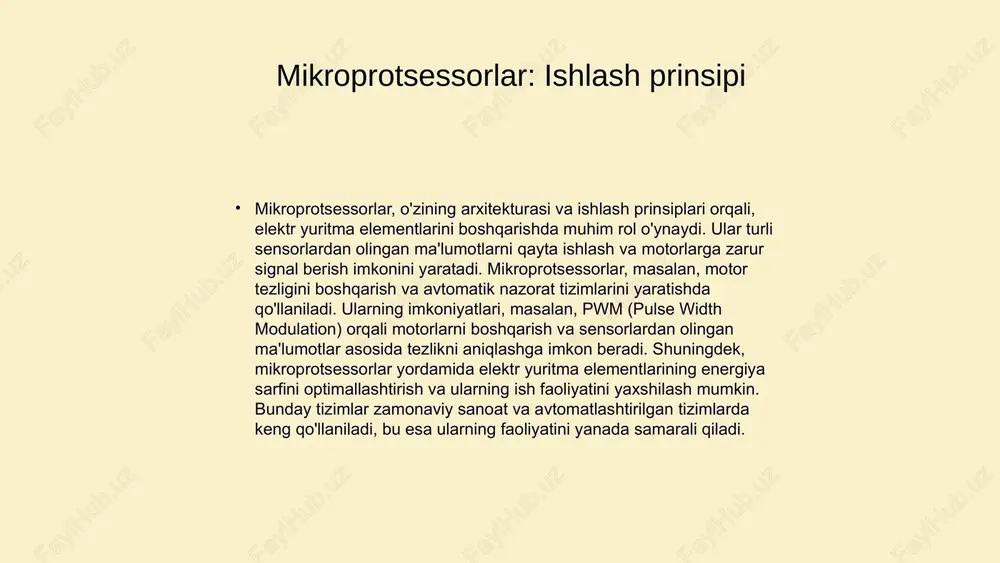 ntlar yuqori aniqlik, samaradorlik va energiya tejash imkoniyatlari bilan ajralib turadi. boshqarish usullarining o'zaro farqlari bu tizimlarning moslashuvchanligini ta'minlaydi. masalan, analog va raqamli boshqaruv usullari o'rtasidagi farq, ularning ishlash printsiplari va qo'llanilish sohalariga ta'sir qiladi. shuningdek, mikroprotsessorlar yordamida boshqaruvni amalga oshirish, tizimni yanada intuitiv va samarali qilish imkonini beradi. shu sababli, mikroprotsessorli boshqariladigan elektr yuritma elementlari ishlab chiqarish va texnologiyalarni rivojlantirishda muhim ahamiyatga ega. analog boshqarish analog boshqarish usullari, asosan, uzluksiz signal orqali ma'lumotlarni uzatadi. ularning afzalliklari sifatida yuqori aniqlik, oddiylik va kam xarajatlar ko‘rsatiladi. ammo, kamchiliklari sifatida shovqin va cheklangan masofada ishlashni sanab o‘tish mumkin. raqamli boshqarish raqamli boshqarish usullari esa diskret signal orqali ishlaydi. ularning afzalliklari sifatida yuqori ishonchlilik, dasturlash imkoniyatlari va moslashuvchanlikni ko‘rsatish mumkin. biroq, ularning kamchiliklari sifatida murakkablik va yuqori xarajatlar mavjud. boshqarish texnologiyalari: dsp va pid raqamli signalni qayta ishlash (dsp) va proportional-integral-derivative (pid) nazorat texnologiyalari mikroprotsessorli boshqariladigan elektr yuritmalarda muhim rol o'ynaydi. dsp texnologiyasi …