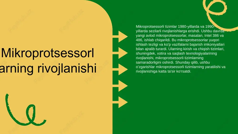 hqaruv tizimi: tizimning ishlashini nazorat qiladi va muvofiqlashtiradi. - avtotransmissiya: ma'lumotlarni uzatish va qabul qilish jarayonlarini boshqaradi. mikroprotsessor komponentlari alu ta'rifi va vazifasi alu (arithmetic logic unit) mikroprotsessorning asosiy komponentlaridan biridir. u matematik va mantiqiy amallarni bajarish uchun javobgardir va hisoblash jarayonlarida muhim rol o'ynaydi. registerlar va ularning o'rni registerlar - bu tezkor xotira bo'lib, mikroprotsessor ichida ma'lumotlarni saqlash va uzatish uchun ishlatiladi. ular, asosan, ishlash jarayonida zarur bo'lgan vaqtinchalik ma'lumotlarni saqlash uchun mo'ljallangan. nazorat bloklari haqida ma'lumot nazorat bloklari mikroprotsessorning barcha komponentlarini boshqarish va ularning o'zaro ta'sirini ta'minlash uchun javobgardir. ular protsessorning ish yukini va ma'lumotlar oqimini nazorat qiladi, bu esa samarali ishlashni ta'minlaydi. tizimning funktsional tarkibi kirish va chiqish qurilmalari tizimning foydalanuvchi bilan aloqasi uchun muhim rol o'ynaydi. ular ma'lumotlarni kiritish va natijalarni chiqarish jarayonlarini ta'minlaydi, masalan, klaviatura va monitorlar. xotira turlari, jumladan ram va rom, kompyuter tizimining tezligi va samaradorligini belgilaydi. ram vaqtinchalik xotira bo'lib, dasturlarni bajarish …