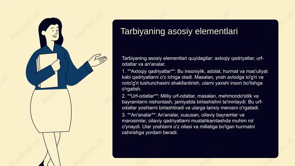 ng yuqumli tarbiyasini ta'minlaydi. ota-onalar va bolalar o'rtasidagi ochiq muloqot bolalarning o'z fikrlarini ifoda etishiga yordam beradi. shuningdek, bunday munosabatlar bolalarga hurmat va samimiylikni o'rgatadi, ular esa o'z navbatida ijtimoiy ko'nikmalarini rivojlantiradi. tarbiyaviy faoliyatlar tarbiyaviy faoliyatlar oila a'zolarining har birining roli va mas'uliyatini belgilaydi. oila ichidagi tarbiyada o'zaro munosabatlar, hurmat va tushunish asosida tarbiyaviy faoliyatlar amalga oshiriladi. oila a'zolari birgalikda o'yinlar o'ynash, kitob o'qish yoki qo'shimcha ta'lim olish kabi faoliyatlarni bajarish orqali tarbiyaviy jarayonni boyitadilar. maqsadli tarbiya usullari oila tarbiyasida qo'llaniladigan usullar, jumladan, suhbat, o'yinlar va misollar, milliy tarbiyaning asosiy tamoyillarini amalga oshirishda muhim ahamiyatga ega. bu usullar orqali bolalarga milliy qadriyatlar, an'analar va ma'naviyatni o'rgatish mumkin. - **suhbat**: ota-onalar bilan ochiq suhbatlar bolalarga o'z fikrlarini ifoda etish, muammolarni hal qilish va o'zaro hurmatni rivojlantirishda yordam beradi. - **o'yinlar**: o'yinlar orqali bolalar jamoaviy ish, hamkorlik va raqobatni o'rganadilar, bu esa ularning ijtimoiy ko'nikmalarini rivojlantiradi. - **misollar**: hayotiy misollar orqali ota-onalar …