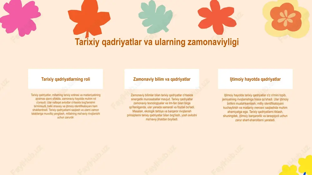 ta’lim kabi innovatsion yondashuvlarni o‘z ichiga oladi. bu metodlar talabalarning faol ishtirokini ta'minlaydi va ularning o‘rganish jarayonini yaxshilaydi. milliy qadriyatlar bilan bog'liqlik ushbu zamonaviy usullar milliy tarbiyaviy qadriyatlarni tiklashda va modernizatsiya qilishda muhim rol o‘ynaydi. ular orqali talabalarga o‘zbekistonning madaniy merosi va qadriyatlari haqida chuqur tushuncha beriladi, bu esa ularni o‘z vataniga bo‘lgan hurmatini oshiradi. statistik ma’lumotlar o‘zbekiston ta’lim tizimida zamonaviy metodlar qo‘llanilishi 2022-yilga kelib 70% dan oshdi. bu ko‘rsatkich ta'lim sifatini oshirish va milliy qadriyatlarni yosh avlodga etkazish uchun muhim ahamiyatga ega. integratsiya jarayoni zamonaviy pedagogik usullarni milliy qadriyatlar bilan birlashtirish jarayoni ta'lim tizimida muhim ahamiyatga ega. integratsiya jarayoni ta'lim sifatini oshirish, talabalarning ijodkorligini va motivatsiyasini kuchaytirishga yordam beradi. o'zbek ta'lim tizimida "milliy qadriyatlar orqali ta'lim" dasturi, milliy qadriyatlarni zamonaviy pedagogik usullar bilan birlashtirish orqali ta'lim jarayonini takomillashtirishga qaratilgan. bu dastur orqali o'quvchilar milliy madaniyat va an'analarni o'rganish bilan birga, zamonaviy bilimlarni ham egallaydi. shuningdek, integratsiya jarayoni ta'lim sifatiga …