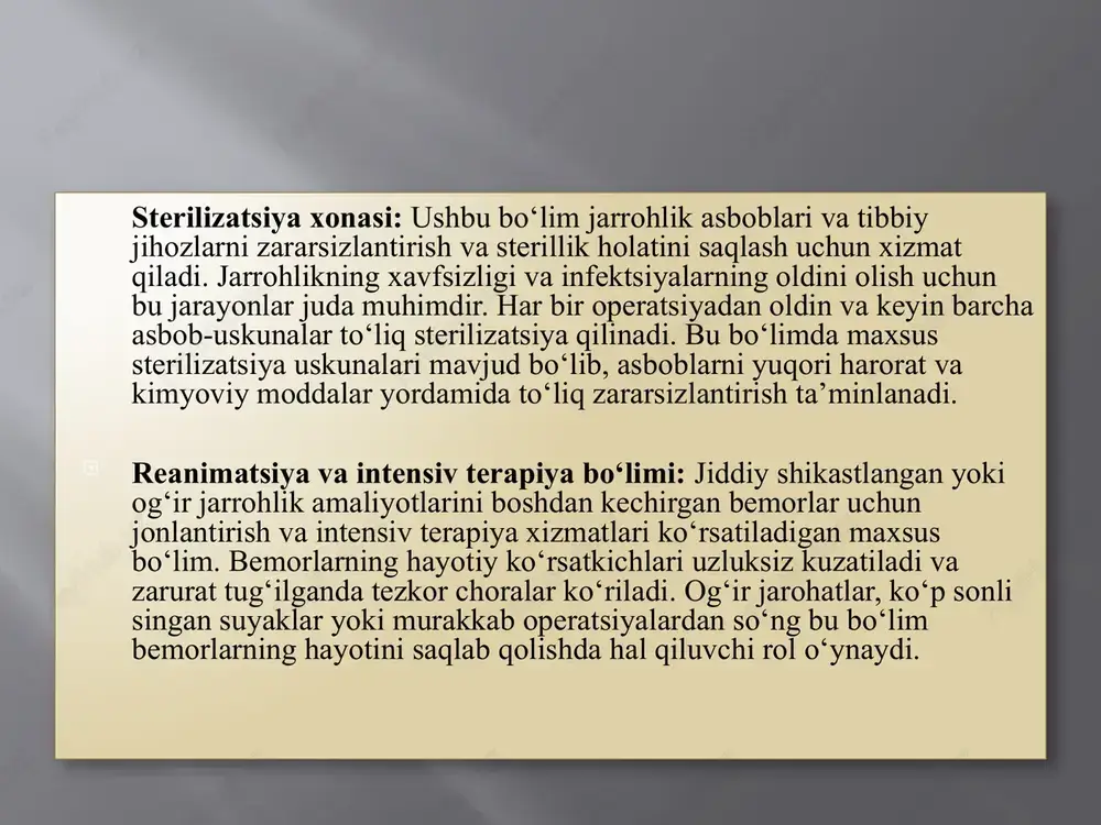 arali tashkil etishda hal qiluvchi rol o‘ynaydi. qabul bo‘limidan boshlab, bemorlarning dastlabki tekshiruvlari va diagnostikasi aniq qo‘yiladi, radiologiya bo‘limida esa shikastlangan joylar to‘g‘ri aniqlanadi. operatsion xonalar va sterilizatsiya xonalari sifatli jarrohlik aralashuvlari va asbob-uskunalarning xavfsizligini ta’minlaydi. yuz-jag‘ sohasi singan va shikastlangan bemorlar uchun maxsus parvarish rejasi tuziladi, bunda og‘riqni boshqarish, ovqatlanish va nafas olish qiyinchiliklarini bartaraf etish katta ahamiyat kasb etadi. bemorning estetik ko‘rinishi va yuz funksiyalarini tiklash plastik va ortognatik jarrohlik yordamida amalga oshiriladi. shuningdek, psixologik qo‘llab-quvvatlash bemorning ruhiy tiklanishi uchun muhim omil sanaladi. umuman olganda, yuz-jag‘ jarrohligi bo‘limida parvarish va davolashning har bir bosqichi yaxlit tizim bo‘lib, bemorning nafaqat jismoniy, balki psixologik tiklanishini ham to‘liq qo‘llab-quvvatlaydi. xulosa etiboringiz uchun raxmat! image2.jpeg image3.jpeg /docprops/thumbnail.jpeg