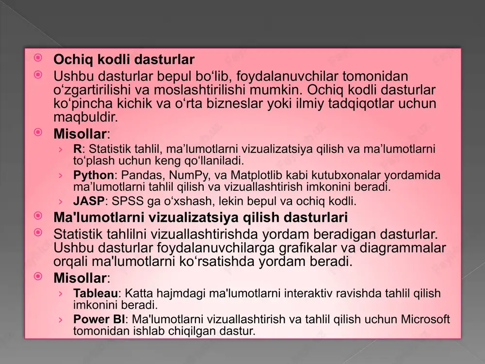 tsiya qilish uchun ko‘plab kutubxonalar mavjud. foydalanish oson va keng qo‘llaniladigan kutubxonalar:pandas: ma’lumotlarni to‘plash va tozalash. numpy: sonli hisob-kitoblar va massivlar bilan ishlash. scipy: ilmiy va statistik hisoblash. matplotlib va seaborn: ma’lumotlarni vizuallashtirish. statsmodels: statistik modellash va tahlil. scikit-learn: mashinasozlik (machine learning) kutubxonasi. kamchiliklari: dasturlash bilimiga ega bo‘lish zarur. murakkab statistika va ma'lumotlar tahlilida ba’zan uzoq vaqt talab qilishi mumkin. qo‘llanilishi: python statistika, ma’lumotlarni tahlil qilish, mashinasozlik va ilmiy tadqiqotlar sohalarida keng qo‘llaniladi. stata dasturi stata — statistik tahlil, grafikalar va ma’lumotlarni boshqarish uchun ishlatiladigan dastur. u asosan ijtimoiy fanlar va iqtisodiyot sohalarida ishlatiladi. afzalliklari: yagona interfeys orqali barcha statistika tahlil turlarini bajarish imkoniyati. kengaytirilgan regressiya tahlillari va boshqa statistik metodlar. ma’lumotlar boshqaruvi va vizuallashtirish imkoniyatlari. foydalanuvchilarga tayyorlashtirilgan kodlar va dokumentatsiya mavjud. kamchiliklari: pullik dastur, bu uni kichik tadqiqotlar va o‘rta bizneslar uchun qimmat qilishi mumkin. katta hajmdagi ma'lumotlar bilan ishlashda ba'zi cheklovlar. qo‘llanilishi: stata ijtimoiy va iqtisodiy tahlillar, sog‘liqni …