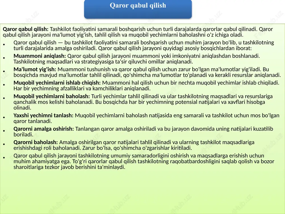 lish jarayoni. ushbu baholash xodimlarning samaradorligini oshirish, ularni rag'batlantirish va tashkilotning umumiy boshqaruv tizimini yaxshilashga yordam beradi. baholash mezonlarini aniqlash: xodimlarning ish faoliyatini baholashda qo'llaniladigan mezonlar aniq belgilab olinadi. ushbu mezonlar xodimlarning bajarishi kerak bo'lgan vazifalar va tashkilotning umumiy maqsadlariga mos kelishi kerak. misol uchun, mahsulot sifatini oshirish, belgilangan muddatlarga rioya qilish yoki mijozlar bilan aloqalarni yaxshilash kabi mezonlar qo'llanilishi mumkin. ish faoliyatini tahlil qilish: yig'ilgan ma'lumotlar asosida xodimlarning ish faoliyati tahlil qilinadi. ushbu tahlil natijasida xodimlarning kuchli va zaif tomonlari, ularning tashkilot maqsadlariga qo'shgan hissasi aniqlanadi. rag'batlantirish: baholash natijalari asosida xodimlarni rag'batlantirish choralari qo'llaniladi. bu mukofotlash, malaka oshirish imkoniyatlari berish, lavozim ko'tarish yoki boshqa moddiy va nomoddiy rag'batlantirish usullarini o'z ichiga olishi mumkin. xodimlarni rivojlantirish: baholash natijalari asosida xodimlarni rivojlantirish rejasi tuziladi. bu reja xodimlarning zaif tomonlarini yaxshilash, yangi ko'nikmalarni o'zlashtirish va ularni kelajakda samarali ishlashga tayyorlashni o'z ichiga oladi. boshqaruvni optimallashtirish: baholash jarayonida olingan ma'lumotlar asosida tashkilot boshqaruv …