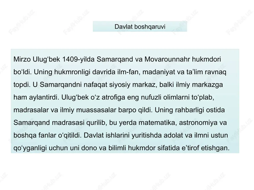 da o`tdi. ulug`bekning ilmiy va madaniy merosi. ulug`bek buyuk astronom, matematik, davlat arbobi. u o`rta osiyo xalqlari ilmu fani va madaniyatini o`z davrida dunyo fanining oldingi safiga olib chiqqan buyuk olimlaridan biridir. mirzo ulug`bekdan jahon fani va madaniyati rivojiga muhim hissa bo`lib qo`shilgan ilmiy va madaniy meros qolgan. shulardan biri "ziji jadidi kuragoniy" deb nomlangan astronomik jadval hisoblanadi. ulug`bek tibbiyot va musiqa bilan qiziqqan, she'rlar ham yozgan. alisher navoyining "majolis un-nafois" va abu toxirxojaning "samariya" asarlarida uning she'rlaridan namunalar keltiriladi. uning davrida ko`pgina asarlar arab va fors tilidan eski o`zbek tiliga tarjima qilingan. ulug`bek tashkil etgan boy kutubxonada turli fanlarga oid 15000 dan ortiq ko`p tomli kitoblar bo`lgan. ulug`bek yunon olimlaridan aflotun, aratsu, gipparx, ptolemeylarning klassik asarlari bilan tanish bo`lgan va o`z vatandoshlari ahmad farg`oniy, beruniy, ibn sino, xorazmiy kabi olimlarning asarlarini yaxshi o`rgangan. samarqanddagi ulug`bek madrasasi faqat oliy uquv yurtigina emas, rasadxona bilan birga olganda o`sha davrning akademiyasi ham …