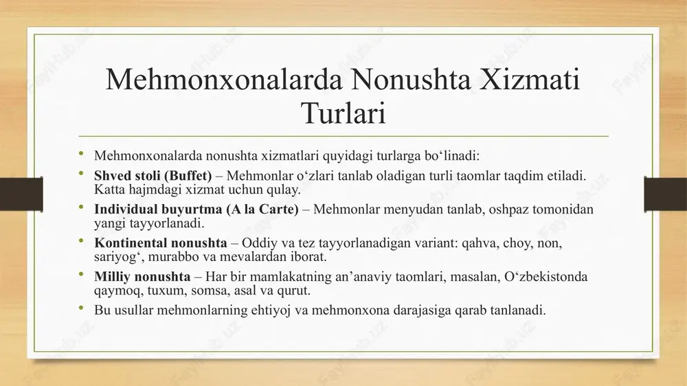 xonada nonushta xizmati mehmonlarning umumiy tajribasiga katta ta’sir ko‘rsatadi. to‘g‘ri tashkil etilgan nonushta mijozlarning qoniqish darajasini oshirib, mehmonxonaning obro‘sini mustahkamlashga yordam beradi. shved stoli, individual buyurtma, kontinental va milliy nonushta kabi turli variantlar mehmonlarning ehtiyojlariga qarab taqdim etilishi muhim. sifatli xizmat ko‘rsatish uchun gigiyena qoidalariga rioya qilish, xodimlarning malakasini oshirish va mehmonlarning fikr-mulohazalarini inobatga olish zarur. shuningdek, ovqat isrofgarchiligini kamaytirish va zamonaviy texnologiyalardan foydalanish orqali nonushta jarayoni yanada samarali tashkil etilishi mumkin. doimiy takomillashtirish va innovatsion yondashuv mehmonxona nonushta xizmatining raqobatbardoshligini oshirishga yordam beradi. foydalanilgan adabiyotlar amonov a. "mehmonxona va restoran biznesi" – toshkent: o‘zbekiston nashriyoti, 2020. saidov r. "ovqatlanish industriyasi va servis" – toshkent: fan va texnologiya, 2018. kotler p., bowen j., makens j. "marketing for hospitality and tourism" – pearson education, 2017. walker j. r. "the restaurant: from concept to operation" – wiley, 2019. brotherton b. "hospitality management" – sage publications, 2015. jones p., lockwood a. "the management …