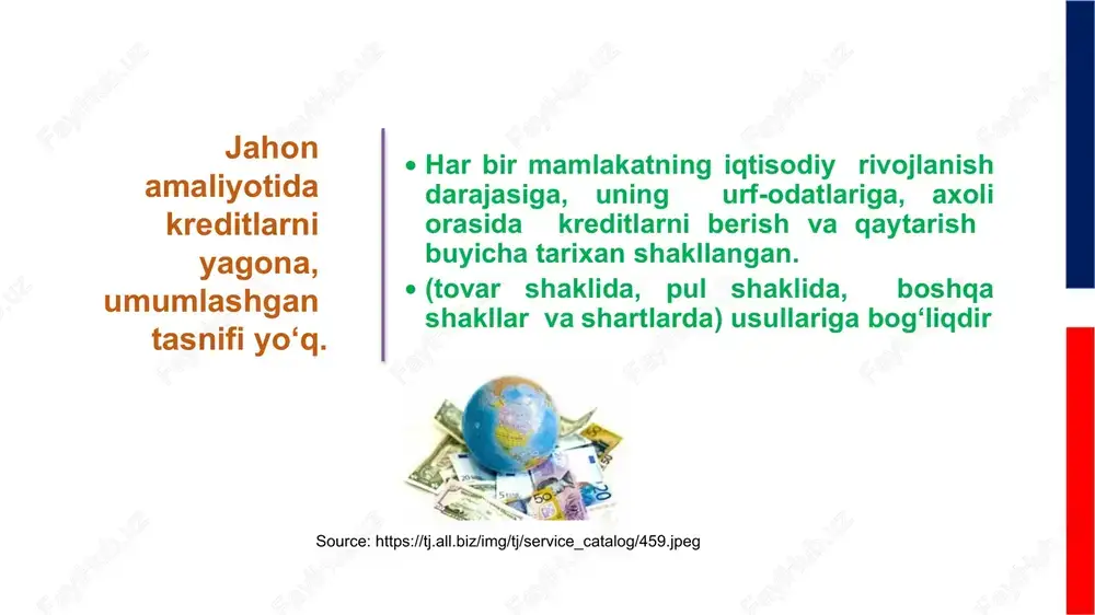 amoyil – kreditning samaradorligi tamoyili ham muhim ahamiyatga egadir. bankning vaqtincha foydalanish uchun qiymat berish uchun qarz oluvchidan ma'lum haq undirilishi tushuniladi. bu to’lov asosan % ko’rinishda bo’ladi. samaradorligi maqsadliligi qarz oluvchi olingan kreditni ma‘lum maqsadga yo’naltirilgan bo’lishi zarur. bu maqsadlar kredit beruvchi va kredit oluvchi o’rtasida tuzilgan shartnomada o’z aksini topadi. umuman kreditning shakllari [3] davlat krediti bank krediti iste'mol krediti tijorat krediti xalqaro kredit source: https://top-fon.com/fony-dlja-prezentacii/4065-fon-dlja-prezentacii-dogovor-189-foto.html qarz beruvchi rolini markaziy bank orqali bajadi. bu markazlashgan kreditlar iqtisodiyotning ustivor tarmoqlarini kreditlash, shuningdek, vaqtincha foydalanishga mablag ajratilishi mumkin. undan tashqari tijorat banklariga banklararo kreditlar bozorida kredit resurslarini kim oshdi savdo yo‘li bilan yoki to‘g‘ridan to‘g‘ri sotish orqali vaqtincha foydalanish uchun berilishi mumkin. davlat qimmatli qog‘ozlarini (davlat xazina majburiyatlarini) chiqarish, moliya bozorlarida ularni joylashtirish, davlat zayomlarini chiqarish va sotish yo‘li bilan banklarning, aholining va boshqa moliya-kredit institutlarining pul mablag‘larini yig‘adi va ularni davlat qarzi va byudjet kamomadini qoplashga sarflaydi. bundan tashqari …