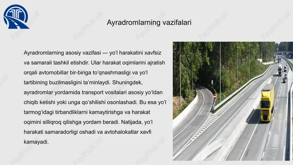 kati samaradorligini oshiradi hamda avtohalokatlarning oldini oladi. ayradromlarning ahamiyati ayradromlar yo‘l infratuzilmasining muhim qismi bo‘lib, transport harakatining xavfsizligi va samaradorligini oshirishga xizmat qiladi. ular yordamida avtomobillar asosiy yo‘ldan oson va xavfsiz chiqib ketadi yoki qo‘shiladi. bu esa tirbandliklarni kamaytiradi, yo‘l harakatidagi to‘qnashuvlar xavfini pasaytiradi va yo‘l transport tizimining uzluksiz ishlashini ta’minlaydi. natijada, ayradromlar mamlakatimiz yo‘l tarmoqlarining sifatli rivojlanishida muhim rol o‘ynaydi. xulosa ayradromlar yo‘l harakati xavfsizligi va samaradorligini ta’minlashda muhim ahamiyatga ega bo‘lgan yo‘l infratuzilmasining asosiy elementlaridan biridir. ularning to‘g‘ri loyihalanishi va qurilishi tirbandliklarni kamaytirish, harakat oqimini tartibga solish va avtohalokatlarni oldini olishga yordam beradi. shu bois, ayradromlarga doimiy e’tibor qaratish va zamonaviy texnologiyalarni qo‘llash yo‘l infratuzilmasini rivojlantirishda katta rol o‘ynaydi. bu esa, o‘z navbatida, transport tizimining samaradorligini oshirish va mamlakatimiz iqtisodiyoti taraqqiyotiga xizmat qiladi. foydalanilgan adabiyotlar j. r. karimov. “shahar rejalashtirish asoslari”. oliy o‘quv yurtlari uchun darslik. toshkent, 2018 y. 312 b. a. t. islomov. “yo‘l qurilishi va yo‘l …