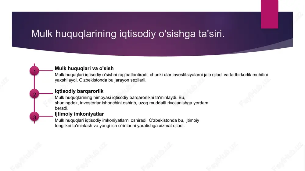 boshqarish imkonini beradi. 3 ijtimoiy ta'sir innovatsiyalar mulkchilik tuzilmalari orqali ijtimoiy adolatni ta'minlaydi. bu, iqtisodiy tenglikni oshirish va jamiyatda barqarorlikni ta'minlashga yordam beradi. 4 kelajakdagi imkoniyatlar mulkchilik tizimlarining innovatsiyalari kelajakda yangi biznes modellari va iqtisodiy rivojlanish imkoniyatlarini yaratadi, bu esa o'zbekistonni global bozor bilan bog'laydi. mulkchilik tizimlari: o'zbekistondagi davlat va xususiy mulk. davlat mulkchilik o'zbekistonda davlat mulkchilik tizimi, davlatga tegishli bo'lgan iqtisodiy resurslar va infratuzilmalarning boshqarilishini o'z ichiga oladi. xususiy mulkchilik xususiy mulkchilik tizimi, shaxslar va kompaniyalar tomonidan mulk huquqlarining amalga oshirilishini, iqtisodiy o'sishni rag'batlantiradi va investitsiyalarni jalb qiladi. mulkchilik tizimlari o'zbekistonda mulkchilik tizimlari o'zaro bog'liq bo'lib, davlat va xususiy mulk o'rtasidagi muvozanat, ijtimoiy adolat va iqtisodiy barqarorlikni ta'minlaydi. o'zbekistondagi mulk huquqlari va xalqaro standartlar. 1 mulk huquqlari asoslari - o'zbekistondagi mulk huquqlari, konstitutsiya va qonunlar bilan belgilangan, shuningdek, xalqaro standartlarga mos ravishda rivojlanmoqda. 2 xalqaro standartlar - o'zbekiston bmt, jahon banki va boshqa xalqaro tashkilotlar bilan hamkorlikda mulk huquqlarini …