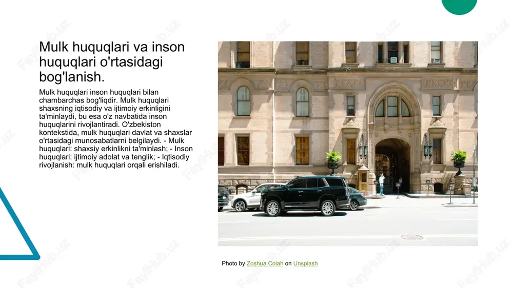 kchilik strukturasi innovatsiyalarni qo'llab-quvvatlaydi, shuningdek, yangi ish o'rinlari yaratish orqali iqtisodiy o'sishni rag'batlantiradi. 3 ijtimoiy ta'sir mulkchilik tizimlari ijtimoiy tenglikni ta'minlashda muhim ahamiyatga ega, bu esa iqtisodiy o'sishga ijobiy ta'sir ko'rsatadi va jamiyatni barqarorlashtiradi. mulkchilik tuzilmalari va madaniyat: o'zbek an'analari va zamonaviylik. o'zbek an'analari mulkchilik tuzilmalari orqali o'ziga xosligini namoyon etadi. madaniyatimizda erkin mulkchilik tushunchasi va oilaviy mulkni saqlash muhim ahamiyatga ega. zamonaviylik esa bu qadriyatlarni yangi iqtisodiy sharoitlarda rivojlantirishni talab qiladi. - mulkchilik va iqtisodiy taraqqiyot o'rtasidagi bog'lanish. - o'zbek madaniyatida mulkchilikning o'rni. - qadimiy an'analar va zamonaviy qonunchilik o'rtasidagi munosabat. photo by jakub żerdzicki on unsplash mulkchilik va iqtisodiy tizimlar: o'zbekistonning global integratsiyasi. 1 mulkchilik tizimlari o'zbekistonda mulkchilik tizimlari tarixan davlat va xususiy mulk o'rtasida muvozanatni saqlashga intiladi, bu esa iqtisodiy integratsiyani kuchaytiradi. 2 global integratsiya o'zbekistonning global iqtisodiy tizimlarga integratsiyasi, xalqaro savdo va investitsiyalarni jalb qilish orqali mulk huquqlarini mustahkamlashda muhim ahamiyatga ega. 3 ijtimoiy barqarorlik mulkchilik …