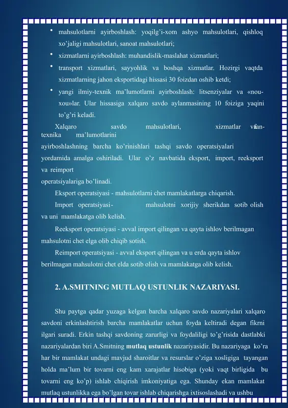 ishlab chiqarish va sotishga ixtisoslashsalar maqsadga muvofiq bo’ladi. bunday vaziyatlarda ikki mamlakat o’rtasidagi savdo ko’proq imkoniyatlar olib keladi. har bir mamlakat o’zi ixtisoslashgan mahsulotlarni ishlab chiqaradi va shu orqali yutuqlarga erishadi. uning mulohazalari “nisbiy ustunlik nazariyasi”da o’z echimiga ega bo’ldi. masalan, portugaliyada ishlab chiqarilgan movut va angliyada ishlab chiqarilgan vino individual xarajatlarga ega bo’lsin. shuni hisobga olgan holda d. rikardoning “nisbiy ustunlik” nazariyasini qo’llaymiz: 9-jadval. mahsulot ishlab chiqarish uchun zarur bo’lgan mehnat sarfi. movut(bir dona) vino( barrel) portugaliya 90 80 angliya 100 120 yuqoridagi misoldan ko’rinib turibdiki portugaliya barcha turdagi mahsulotlarni ishlab chiqarishda mutlaq ustunlikka ega. ya’ni bir dona movut ishlab chiqarish uchun 90 mehnat birligi, bir barrel vino ishlab chiqarish uchun esa 80 mehnat birligini sarflaydi. ammo, d. rikardo portugaliyada movut ishlab chiqarishga nisbatan vino ishlab chiqarish savdosini yo’lga qo’yish ko’proq foyda olib kelishini ta’kidlaydi. chunki, bir dona movutga nisbatan bir barrel vino ishlab chiqarish arzonga tushmoqda. bunda nisbiy …
