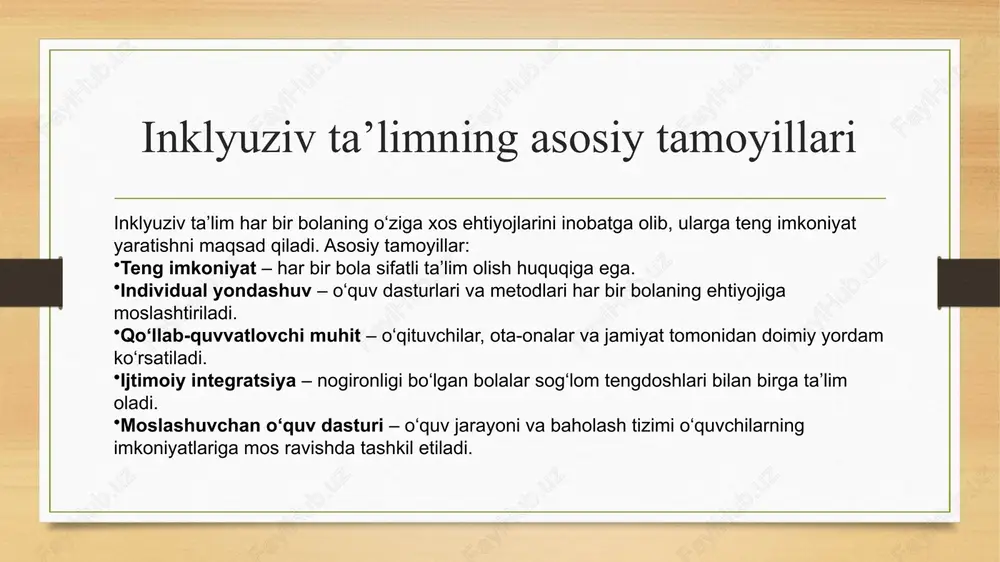 exnologiyalar ta’lim jarayonini yanada qulay va samarali qiladi. dars jarayonini moslashtirish (1-qism) maxsus ehtiyojga ega bolalar uchun dars jarayonini moslashtirish ularning bilim olish imkoniyatlarini kengaytiradi. asosiy usullar: ko‘rishida muammo bo‘lgan bolalar uchun: og‘zaki tushuntirishni ko‘proq qo‘llash, materiallarni audiovizual shaklda taqdim etish. eshitishida muammo bo‘lgan bolalar uchun: imo-ishora tili yoki yozma materiallardan foydalanish, o‘qituvchi yuzini aniq ko‘rish imkoniyatini yaratish. aqliy rivojlanishida muammo bo‘lgan bolalar uchun: sekin va oddiy tushuntirish, darslarni qisqa bo‘limlarga bo‘lish. moslashtirilgan darslar o‘quvchilarning faolligini oshiradi va ularning dars jarayonida ishtirok etishini osonlashtiradi. dars jarayonini moslashtirish (2-qism) dars jarayonini moslashtirish o‘quvchilarning ta’limga bo‘lgan qiziqishini oshiradi va ularning samarali o‘rganishiga yordam beradi. qo‘shimcha moslashtirish usullari: vizual va multisensor usullardan foydalanish – tasvirlar, grafiklar, videolar orqali tushuntirish. interfaol o‘qitish – rolli o‘yinlar, guruh ishlari va amaliy mashg‘ulotlar tashkil etish. mos baholash tizimi – rag‘batlantiruvchi va individual baholash usullarini qo‘llash. moslashuvchan jadval – tanaffus va dam olish vaqtlarini bolalarning ehtiyojlariga mos ravishda …