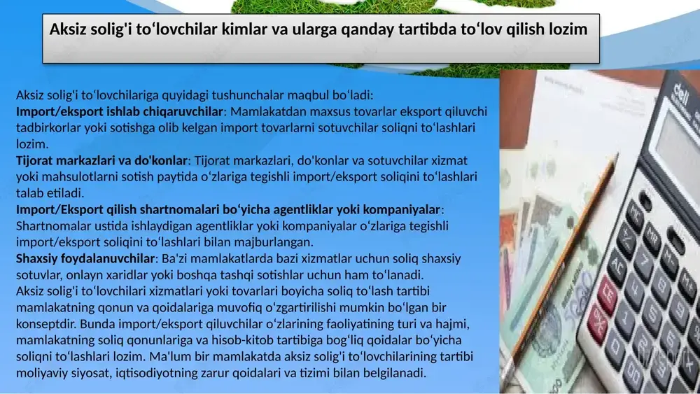 i. quyidagi usullar aksiz solig'i to'lashda ommalashtiriladi: aksiz solig'i to'lovining o'tkazilishi: odatda, aksiz solig'i to'lovi import va eksport jarayonlari orqali amalga oshiriladi. import qilingan tovarlar uchun mamlakatga kiritilgan joyda aksiz solig'i to'lovi o'tkaziladi. eksport qilingan tovarlar uchun esa mamlakatdan chiqarilgan joyda aksiz solig'i to'lovi amalga oshiriladi. direktni soliq: boshqa bir usul soliqni sotuvchi yoki xizmat ko'rsatuvchisi tomonidan to'langan shakl. bu holatda, sotuvchi tovarlarni sotib olish jarayonida aksiz solig'ini to'lab qo'yadi. avans soliq: bazi holatlarda aksiz solig'i avans sifatida to'lanadi. import qilingan tovarlar uchun mamlakatga keltirish jarayonida avans usulidan foydalaniladi. this presentation uses a free template provided by fppt.com www.free-power-point-templates.com aksiz solig'i mamlakat byudjetiga kirish ko'rinishi esa quyidagi shakllarda bo'lishi mumkin: mamlakat byudjetining asosiy manbai: aksiz solig'i mamlakatning moliyaviy tizimida muhim bir manbai hisoblanadi. import va eksport jarayonlarida to'langan aksiz solig'i to'lovlarining jami summasi mamlakat byudjetining daromadlaridan biri sifatida qayda etiladi. daromadlar va mablag‘lar to'plami: aksiz solig'i to'lovlarining jami miqdori mamlakat …