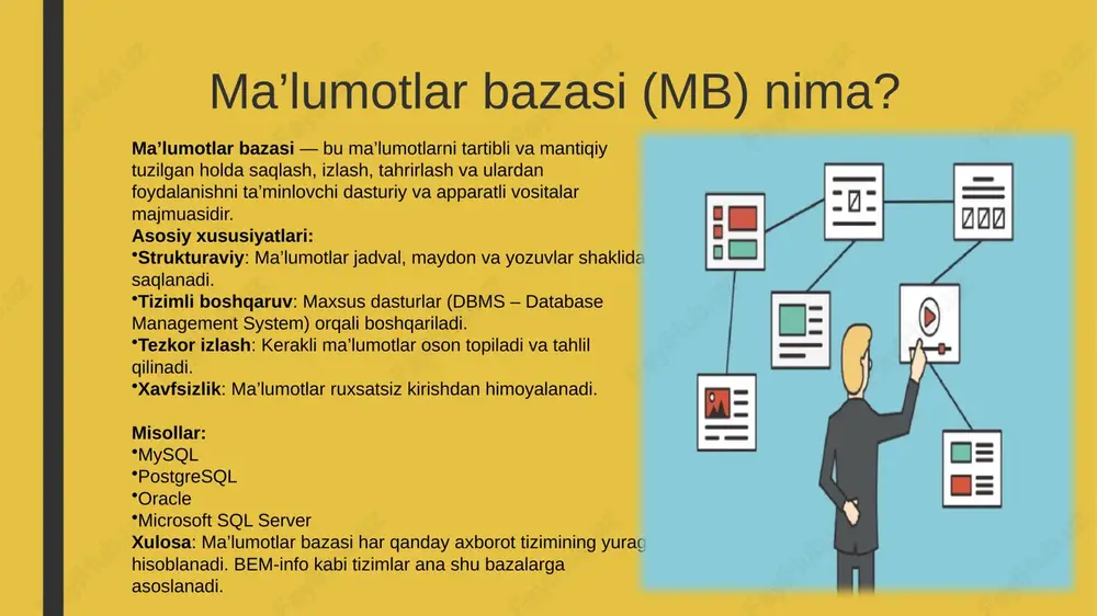 baholarni kiritish va yangilash. 📝 2. nazorat ishlari va topshiriqlarni baholash test, oraliq nazorat, yakuniy imtihon natijalarini kiritish. 📊 3. o‘zlashtirishni kuzatish talabalarning faolligi, davomati va o‘zlashtirish darajasi bo‘yicha statistik ma’lumotlarni olish. 📤 4. reyting natijalarini yuborish baholash natijalarini tizim orqali dekanatga yuborish va tasdiqlash. 📆 5. dars jadvalini ko‘rish haftalik dars jadvalini ko‘rish va o‘quv yuklamasini nazorat qilish. 🔔 6. talabalar bilan aloqada bo‘lish e’lonlar, xabarlar orqali talabalar bilan bevosita muloqot qilish. administrator uchun funksiyalar 🛠️ 1. foydalanuvchilarni boshqarish yangi foydalanuvchilarni ro‘yxatdan o‘tkazish foydalanuvchi rollari va huquqlarini belgilash 🔐 2. xavfsizlikni ta’minlash kirish ruxsatlarini boshqarish ma’lumotlar xavfsizligi va zaxiralashni nazorat qilish ⚙️ 3. tizim sozlamalarini boshqarish server va dasturiy ta’minotni yangilash tizim parametrlarini sozlash 📈 4. ma’lumotlar bazasini boshqarish ma’lumotlarni muntazam saqlash va tiklash bazadagi xatoliklarni tuzatish 🖥️ 5. tizim monitoringi va diagnostikasi tizim ish faoliyatini kuzatish muammolarni aniqlash va bartaraf etish ma’lumotlar xavfsizligi 🔒 1. foydalanuvchi autentifikatsiyasi login …