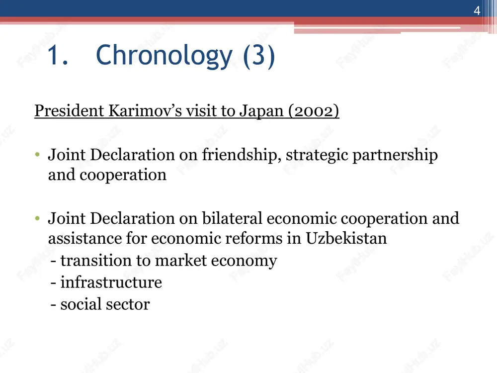 id schemes and amount of assistance (1) * export / import credits export insurance promotion of new technology, etc. oda loans oda oof multilateral bilateral grants technical cooperation grants jbic nexi nedo jica implementation * 3. aid schemes and amount of assistance (2) (1) oda loans very long-term, low-interest concessionary loans mainly used for large infrastructure and social services projects repayment is made in 30~40 years 10-year grace period interest rates: 0.4% - 3.0 %(past and on-going projects in uzbekistan) total commitments:97.552 billion yen, or usd 896 million (by march 2009) * * 3. aid schemes and amount of assistance (3) (2) grants non-repayable fund wide range of projects including health, water, education, rural development and environment projects total commitments:19.932 billion yen, or usd 180 million (by march 2009). * * 3. aid schemes and amount of assistance (4) (3) technical cooperation aims to develop human resources by transferring knowledge, …