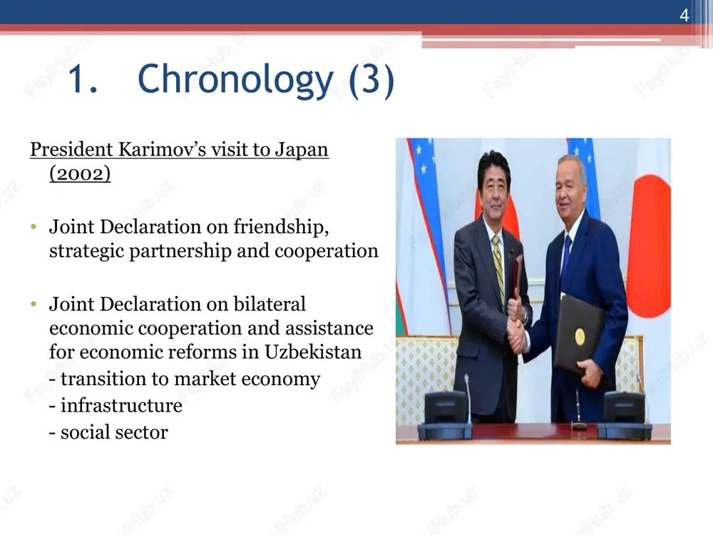 id schemes and amount of assistance (1) * export / import credits export insurance promotion of new technology, etc. oda loans oda oof multilateral bilateral grants technical cooperation grants jbic nexi nedo jica implementation * 3. aid schemes and amount of assistance (2) (1) oda loans very long-term, low-interest concessionary loans mainly used for large infrastructure and social services projects repayment is made in 30~40 years 10-year grace period interest rates: 0.4% - 3.0 %(past and on-going projects in uzbekistan) total commitments:97.552 billion yen, or usd 896 million (by march 2009) * * 3. aid schemes and amount of assistance (3) (2) grants non-repayable fund wide range of projects including health, water, education, rural development and environment projects total commitments:19.932 billion yen, or usd 180 million (by march 2009). * * 3. aid schemes and amount of assistance (4) (3) technical cooperation aims to develop human resources by transferring knowledge, …