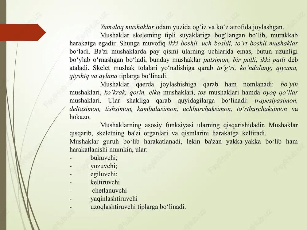 di. koʻkrak mushaklari koʻkrakning katta mushagi koʻkrak qafasining yuqorigi qismida joylashgan kuchli elpigʻichsimon mushak hisoblanadi. bu mushak bir uchi bilan oʻmrov suyagiga, toʻsh suyagiga va ikkinchi-ettinchi qovurgʻalarning togʻaylariga birikadi; boshqa uchi bilan esa elka suyagiga birikadi. katta koʻkrak mushagi qoʻlni badan boʻylab tushurish uchun xizmat qiladi. agar qoʻl fiksasiyalangan boʻlsa, bu mushak qovurgʻalarni koʻtarib nafas olishga yordam beradi. katta koʻkrak mushagi koʻkrak relefini sezilarli darajada aniqlaydi va qoʻltiq osti chuqurchasining oldingi devorini hosil qiladi. oldingi tishsimon mushaklar koʻkrak qafasining yon devorida joylashgandir. ular sakkizinchi-toʻqqizinchi juft qovurgʻalardan tishlar bilan boshlanadi, orqaga yoʻnaladi va kurakning ichki qirrasi hamda yuqorigi burchagiga birikadi. shu yoʻl bilan bu mushak kurakni fiksasiyalaydi va oldinga tortadi. harakatsiz elka kamarida bu mushak nafas aktida qatnashadi. bu mushak qoʻltiq osti chuqurchasining ichki devorini hosil qiladi. qorin mushaklari bu mushaklar koʻkrak qafasi va tos oraligʻida, qorin oq chizigʻining ikkala tomonida simmetrik joylashadi. bu mushaklarning barchasi qisqarganda, ular nafas chiqarishda qatnashadi …