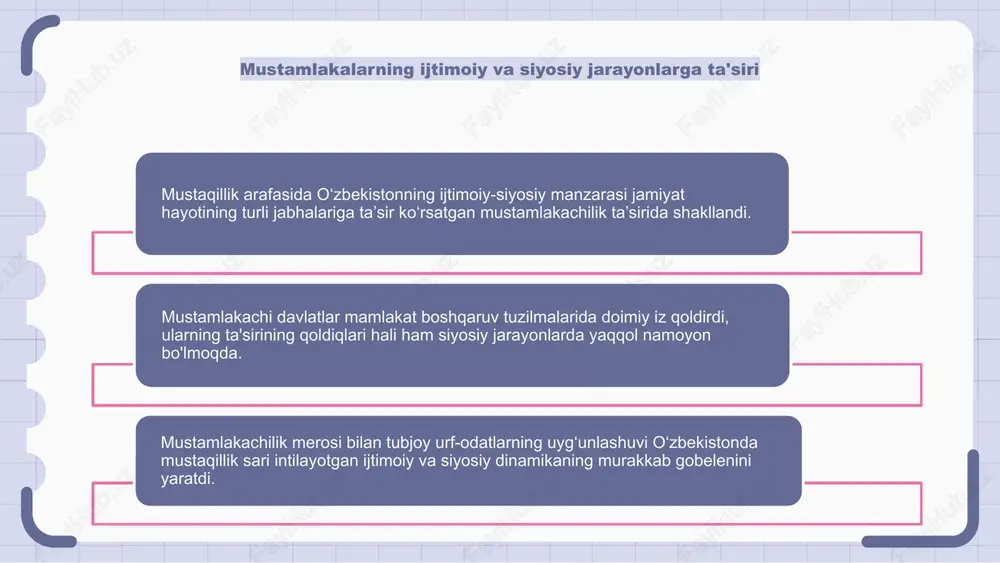 'zbekistonning boy madaniy tarixi uning siyosiy dinamikasiga ta'sir ko'rsatdi, turli guruhlarni umumiy o'ziga xoslik ortida birlashtirdi va o'zgarishlar sharoitida davomiylik tuyg'usini ta'minladi. pirovardida, o‘zbekistonda madaniy merosni asrab-avaylash va targ‘ib qilish hamjihatlik va barqarorlikni mustahkamlash, mustaqillikka o‘tish davridagi mamlakat siyosiy manzarasini shakllantirishda muhim ahamiyat kasb etdi. o‘zbekistonning mustaqillikdan oldingi xalqaro munosabatlari mustaqillik arafasida o‘zbekistondagi ijtimoiy-siyosiy jarayonlar millatchilik va muxtoriyatga da’vatlar to‘lqini bilan kechdi. oʻz taqdirini oʻzi belgilash va oʻzbek madaniyatini saqlab qolish tarafdori boʻlgan turli siyosiy harakatlar paydo boʻldi. o‘zbekistonning mustaqillikkacha xalqaro aloqalari mintaqaviy hamkorlik va qo‘shni davlatlar bilan sheriklik munosabatlariga katta e’tibor qaratilishi bilan ajralib turardi. o‘zbekiston mintaqadagi asosiy ishtirokchilar bilan diplomatik aloqalarni davom ettirdi va xalqaro tashkilotlarda faol ishtirok etdi. mamlakatning bu davrdagi tashqi siyosati mintaqaviy barqarorlik va iqtisodiy taraqqiyotga ustuvor ahamiyat qaratgan holda global kuchlar bilan munosabatlarini muvozanatlashtirdi. o‘zbekiston markaziy osiyoda o‘zini asosiy o‘yinchi sifatida ko‘rsatish va mintaqada tinchlik va hamkorlikni mustahkamlash yo‘lida faol harakat qildi. mustaqillikdan oldingi …