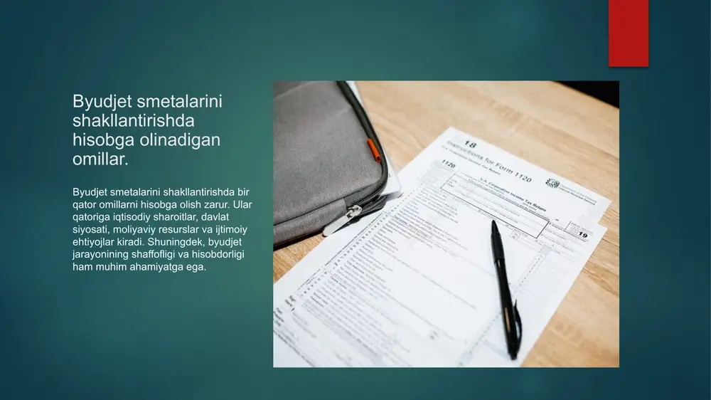 urslar taqsimotini samarali amalga oshiradi. byudjet rejalarining to'g'ri shakllanishi, ijtimoiy xizmatlar va infratuzilma uchun zarur mablag'larni ta'minlab, barqaror ijtimoiy muhit yaratadi. davlat byudjetining samarali boshqarilishi, investitsiyalarni jalb qilish va iqtisodiy o'sishni rag'batlantirishda muhim rol o'ynaydi, iqtisodiy barqarorlikni ta'minlaydi. byudjet jarayonida ishtirok etuvchi tomonlar va ularning roli. 1 byudjet jarayonidagi tomonlar byudjet jarayonida bir nechta tomonlar ishtirok etadi, jumladan, davlat idoralari, moliya vazirligi va boshqa hukumat tashkilotlari. 2 har bir tomonning roli har bir tomonning o'ziga xos roli bor: davlat idoralari byudjet takliflarini tayyorlaydi, moliya vazirligi esa ularni tasdiqlaydi va nazorat qiladi. 3 hamkorlik va muloqot byudjet jarayonida tomonlar o'rtasida samarali hamkorlik va muloqot muhimdir. bu, moliyaviy rejalashtirishda aniq va samarali natijalarga erishish uchun zarur. o'zbekistondagi byudjet amaliyotlarining tarixi va rivojlanishi. o'zbekistonda byudjet amaliyotlari mustaqillikdan so'ng jadal rivojlandi. dastlabki yillarda byudjet shakllantirish jarayoni markazlashtirilgan bo'lib, keyinchalik mahalliy boshqaruv organlariga ko'proq imkoniyatlar berildi. bu jarayon iqtisodiy o'sish va ijtimoiy rivojlanishga xizmat qilmoqda. …