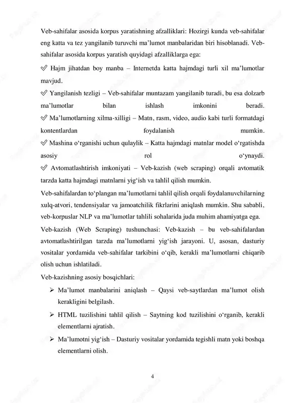  aniq formatga ega bo‘lmagan matnlar.  misollar: maqolalar, ijtimoiy tarmoq postlari, sharhlar.  nlp usullari yordamida tahlil qilinadi. ma’lumotlarni ajratish bosqichlari:  strukturaviy bo‘lsa – json, csv yoki xml formatiga o‘tkaziladi.  no-strukturaviy bo‘lsa – matnni ajratish va tozalash uchun nlp metodlaridan foydalaniladi.  to‘plangan ma’lumotlar saqlanadi – ma’lumotlar bazasi yoki fayl tizimiga yoziladi.  veb-kazish yordamida veb-sahifalardan katta hajmdagi ma’lumotlarni avtomatik to‘plash mumkin. 7 taksonomiya – bu ma’lumotlarni tizimli ravishda guruhlash va tasniflash jarayoni bo‘lib, korpusdagi kontentni samarali tashkil etishga yordam beradi. uni yaratish uchun quyidagi bosqichlar amalga oshiriladi. taksonomiyani shakllantirish usullari: taksonomiya yaratishda asosiy ikki yondashuv mavjud: ✅ qo‘lda shakllantirilgan (manual) taksonomiya  ekspertlar tomonidan belgilanadi.  mavzular va bo‘limlar oldindan aniqlanadi. ✅ avtomatlashtirilgan taksonomiya  korpusdagi matnlarni klasterlash va semantik tahlil qilish orqali yaratiladi.  nlp va mashina o‘rganish algoritmlaridan foydalaniladi.  katta hajmdagi matnlarni avtomatik tasniflashga imkon beradi. taksonomiya strukturasining asosiy turlari:  hierarxik taksonomiya …