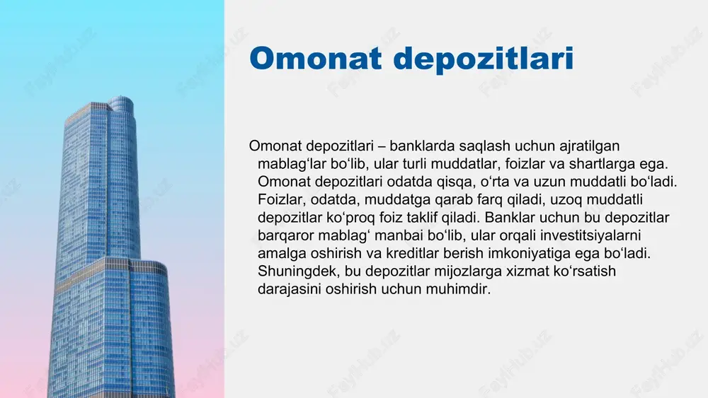 sniflash va tahlil qilish jarayonidir. banklarda depozit operatsiyalari doirasida buxgalteriya hisobi, depozitlar va ularning hisobga olinishi, shuningdek, bu jarayonda qo'llaniladigan asosiy tamoyillarni o'z ichiga oladi. depozit operatsiyalarini hisobga olishda buxgalteriya hisobi quyidagicha ishlaydi: har bir depozit operatsiyasi hisobda qayd etiladi, va bu jarayon asosida bankning moliyaviy holati tahlil qilinadi. masalan, depozit qo'yilishi yoki yechib olinishi kabi operatsiyalar bankning balansida ko'rsatiladi. muqim terminlar: - depozit: mijoz tomonidan bankka qo'yilgan mablag'. - hisobga olish: moliya operatsiyalarini rasmiy qayd etish jarayoni. - balans: bankning moliyaviy holatini ko'rsatuvchi hisobot. ushbu terminlar depozit operatsiyalarining buxgalteriya hisobi jarayonida muhim o'rin tutadi va bu jarayonni yaxshiroq tushunishga yordam beradi. depozit operatsiyalarining hisobotlari pul bozoridagi operatsiyalar boʻyicha oʻrtacha tortilgan foiz stavkalari aprel-may oylarida 18,0−18,2% atrofida shakllangan boʻlsa, iyun oyida markaziy bank asosiy stavkasining 1% bandga pasaytirilishi hisobiga pul bozoridagi depozitlar boʻyicha oʻrtacha foiz stavkalar 17,1% gacha pasaydi. buxgalteriya va depozit operatsiyalarining o'zaro ta'siri - buxgalteriya hisobi va depozit …
