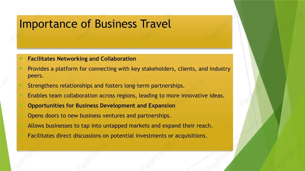 onferences are integral to the growth and success of professionals and organizations in a globalized world. business travel facilitates networking, collaboration, and the exploration of new markets, while conferences provide a platform for knowledge exchange, professional development, and showcasing innovations. key considerations for effective business travel include strategic planning, setting clear objectives, and managing logistics and expenses efficiently. while challenges such as time zone differences, fatigue, and balancing work commitments can arise, solutions like proper scheduling, prioritization, and delegation can ensure productivity. attending conferences offers significant benefits, including exposure to industry leaders, skill enhancement, and collaboration opportunities. by understanding and leveraging the potential of business travel and conferences, individuals and organizations can foster growth, innovation, and competitive advantage. 20 vocabulary networking – tarmoq yaratish collaboration – hamkorlik conference – konferensiya seminar – seminar workshop – amaliy seminar exhibition – ko'rgazma business development – biznesni rivojlantirish professional growth – kasbiy o'sish …