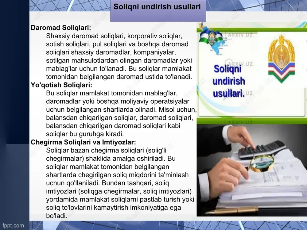 soliq imtiyozlari soliq to'lovini pastlab turish va chegirmalarni taqsimlashga asoslangan bo'lib, chegirma soliqlari soliq miqdorini pastlab turish orqali chegirmalarni olish imkoniyatini beradi. tuzilish va hisob-kitob tartibi farqlari: soliq turlari o'zgarishlarga uchraydi, chunki yangi soliq qonunlari, yangi hisob-kitob tartibi va soliq tuzilishlari kiritilishi mumkin. bu farqlar mamlakatning iqtisodiyoti, moliyaviy siyosati va boshqa ko'rsatgichlar boyicha o'zgarishi mumkin. soliq turlari va ularning tuzilishi mamlakatning moliyaviy siyosati, moliyaviy darajasi, soliq tizimi va boshqa moliyaviy asoslar bilan bog'liq bo'lgani uchun ularning o'zgarishi va farqlari odatda bu amallar va faktorlar bilan bog'liq bo'ladi. xulosa soliqlar mamlakatning moliyaviy tizimining asosiy qismidir va mamlakatning byudjetini to'plash, moliyaviy tizimni mustahkamlash va davlat moliyaviy xarajatlarni qoplashda katta rol o'ynaydi. soliqni undirish uchun daromad soliqlari, yo'qotish soliqlari, soliq imtiyozlari, chegirmalar va boshqa soliq turlari mamlakatning moliyaviy siyosati va iqtisodiyoti bo'yicha shakllanadi va ularning mohiyati va turlari mamlakatning moliyaviy tizimining boshqa ko'rsatkichlariga bog'liq bo'ladi. foydalanilgan adabiyotlar http://em.tiiame.uz/storage/web/source/1/elektron%20kutubxona/soliqlar%20va%20soliqqa%20tortish.pdf https://e-library.namdu.uz/67%20%d0%a5%d1%83%d0%ba%d1%83%d0%ba%d1%88%d1%83%d0%bd%d0%be%d1%81%d0%bb%d0%b8%d0%ba%20%d1%84%d0%b0%d0%bd%d0%bb%d0%b0%d1%80/yuldashev%20a.%20soliq%20va%20%20soliqqa%20tortish.pdf https://www.researchgate.net/publication/347434836_soliqqa_tortish_asoslari https://kompy.info/pars_docs/refs/81/80266/80266.pdf