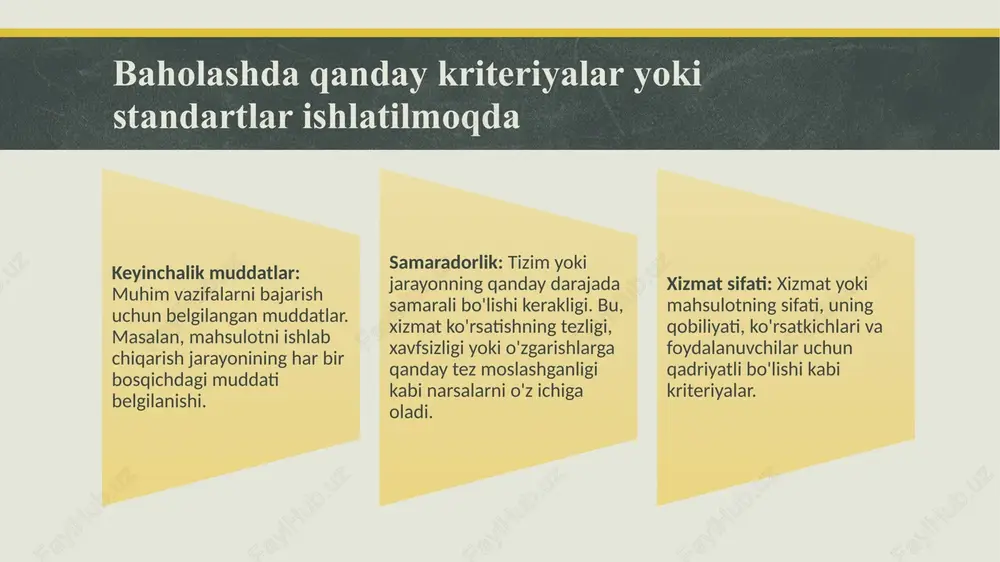 lar statistik analizlar, so'rovnoma, ma'lumotlarni to'plash, tahlil qilish, mijozlarning mulohazalari va kompyuter modellash asosida baholash jarayonida tahlil qilingan ma'lumotlar o'rniga ishlatiladi. ma'lumotlar olingan va tahlil qilingan holda, rivojlanish uchun kerakli o'zgarishlarni aniqlash va rivojlanish yo'li aniqlanadi. baholash natijalari nima va ular asosida qanday qarorlar qabul qilinishi mumkin o'zgarishlar va takomillashtirishlar: baholash natijalarida o'zgarishlar, takomillashtirishlar va rivojlanishning qanday yo'nalishlarda bo'lishi kerakligini ko'rsatadi. bu ma'lumotlar kompaniya strategiyasini yaxshilash, yangi xizmatlar yoki mahsulotlarni ishlab chiqish uchun yordam beradi. tajribalar va testlar natijalari: testlar, tajribalar va sinovlar natijalari, mahsulot yoki xizmatning iste'molchilar tomonidan qabul qilinganligini, sifatini yoki u yoki bu jarayonda qanday o'zgarishlar kerakligini ko'rsatishi mumkin. yutuqlar va muvaffaqiyatlar: baholash natijalarida yutuqlar, muvaffaqiyatlar, mahsulot yoki xizmat sifati va mijozlar tomonidan qabul qilingan mulohazalar keltiriladi. bu ma'lumotlar mahsulot yoki xizmatning qanday o'rnatilishi kerakligini aniqlash uchun yordam beradi. mijozlarning fikrlari: mijozlarning mulohazalari, anketalar yoki qabul qilingan fikrlar natijalari. bu ma'lumotlar mahsulot yoki xizmatning iste'molchilar tomonidan qanday …