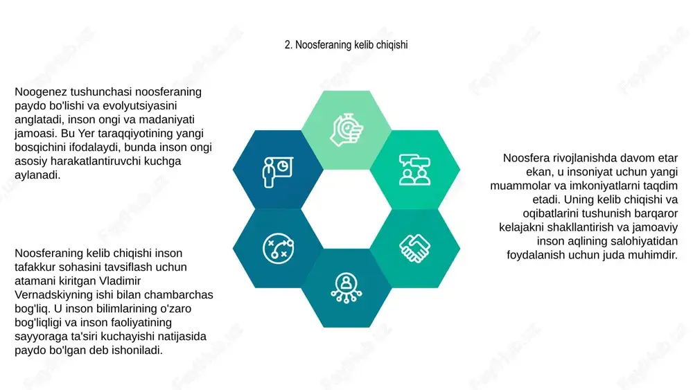 ishiga olib keldi. 10. noosferaning axloqiy oqibatlari noogenez tushunchasi jamoaviy inson ongi yoki "noosfera" g'oyasini taqdim etadi. bu insoniyat fikr va g‘oyalar o‘zaro bog‘langan global ongni yaratish imkoniyatiga ega ekanligini ko‘rsatadi. 01 bu o'zaro bog'liqlik axloqiy oqibatlarga olib kelishi mumkin, chunki u noosferani shakllantirishda shaxslar va jamiyatlarning mas'uliyati haqida savollar tug'diradi. bu bizni xatti-harakatlarimiz va qarorlarimiz ushbu kollektiv ongga ta'sirini ko'rib chiqishga undaydi. 03 02 bundan tashqari, noosferaning axloqiy oqibatlari bizning atrof-muhit va boshqa tirik mavjudotlar bilan o'zaro munosabatlarimizga ta'sir qiladi, chunki bizning o'zaro bog'liqligimiz yanada aniqroq bo'ladi. bu bizni global kontekstdagi harakatlarimiz oqibatlari haqida o'ylashga undaydi. 11. noosfera va kollektiv intellekt vladimir vernadskiy tomonidan taklif qilingan noosfera tushunchasi inson tafakkuri va kollektiv ong sohasini nazarda tutadi. noogenez - bu noosferaning inson aql-zakovati va texnologik yutuqlari orqali evolyutsiya jarayoni. "noosfera" atamasi inson ongining o'zaro bog'liqligini va jamoaviy aqlning global tarmog'ining paydo bo'lishini ta'kidlaydi. bu murakkab global muammolarni hal qilishda hamkorlik …