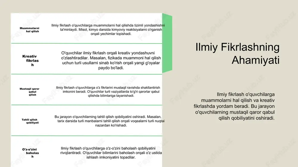 lim amaliy tajribalar orqali o'quvchilarning bilimlarini mustahkamlash muhim. o'qitish jarayonida amaliy tajribalar laboratoriya ishlarida, dalada kuzatishlarda yoki guruhiy tadqiqotlarda qo'llaniladi. bu amaliyotlar o'quvchilarning fikrlash qobiliyatini oshirishda muhim rol o'ynaydi, chunki ular nazariy bilimlarni amalda qo'llash imkonini beradi. masalan, biologiya darsida o'simliklar va hayvonlar bilan bog'liq tajribalar o'tkazish o'quvchilarga ekologik tizimlarning ishlashini tushunishga yordam beradi. shuningdek, amaliy tajriba nazariy bilim bilan bog'liq bo'lib, o'quvchilarga yanada chuqurroq tushuncha beradi. photo by aaron burden on unsplash amaliy tajriba turlari amaliy tajribalar o'quvchilarga nazariy bilimlarni amaliy ko'rsatish va ularni mustahkamlash uchun muhimdir. ular turli xil shakllarda bo'lishi mumkin, bular o'quvchilarning ilmiy dunyoqarashini shakllantirishda muhim rol o'ynaydi. laboratoriya laboratoriya tajribalari o'quvchilarga nazariy bilimlarni amaliy tarzda ko'rsatadi. bu tajribalar orqali o'quvchilar ilmiy jarayonlarni to'g'ridan-to'g'ri kuzatish va ularni o'rganish imkoniyatiga ega bo'lishadi. ekspedisiyalar ekspedisiyalar tabiiy muhitda o'rganish jarayonini o'z ichiga oladi. o'quvchilar bu orqali hayotiy tajribalarni yig'ib, o'z bilimlarini amaliy ravishda qo'llash imkonini topadilar. o'z-o'zini o'z-o'zini o'rganish …