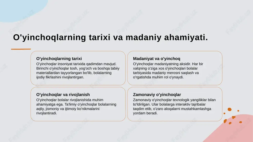 avfsiz o'yinchoqlar: talablar va tavsiyalar 1 xavfsizlik standartlari - yosh bolalar uchun o'yinchoqlar xavfsizlik standartlariga muvofiq bo'lishi kerak. bu standartlar zaruriy materiallar va dizayn talablari bilan belgilangan. 2 materiallar va sifat - o'yinchoqlarni ishlab chiqarishda foydalaniladigan materiallar toksik bo'lmasligi va bolalar uchun xavfsiz bo'lishi lozim. yuqori sifatli materiallar tanlash muhimdir. 3 yoshga moslik - o'yinchoqlar bolalarning yoshiga mos ravishda tanlanishi kerak. har bir yosh guruhiga mos o'yinchoqlar bolalar rivojlanishiga ijobiy ta'sir ko'rsatadi. o'yinchoq dizaynida xavfsizlikni ta'minlash usullari 1 o'yinchoq materiallari - o'yinchoqlarda foydalaniladigan materiallar, xavfsizlikni ta'minlash uchun zarur. tabiiy va toksik bo'lmagan materiallar tanlanishi kerak, bolalar uchun xavfsizligini ta'minlaydi. 2 dizayn va shakl - o'yinchoqlarning dizayni va shakli bolalar xavfsizligini ta'minlashda muhim ahamiyatga ega. qirralar yumshoq va keskin bo'lmasligi lozim, jarohat xavfini kamaytiradi. 3 yoshi mosligi - o'yinchoqning yoshi mosligi bolalar uchun muhim. har bir o'yinchoq bolalarning yoshiga mos ravishda ishlab chiqilishi zarur, bu ularga xavfsiz va qiziqarli tajriba taqdim …