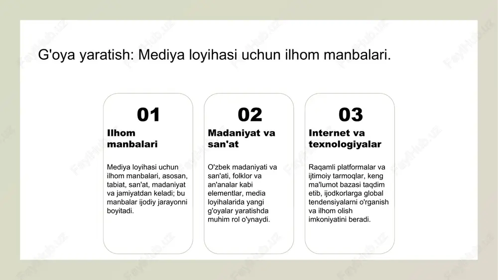 speriment va tahlil eksperimentlar o'zgaruvchilarni sinovdan o'tkazish va natijalarni tahlil qilish imkonini beradi. bu jarayon ijodiy g'oyalarni rivojlantirishda muhim ahamiyatga ega. media loyihalarida g'oyalarni amalga oshirish: amaliy tajribalar va misollar. g'oyalarni aniqlash amaliy misollar natijalarni baholash media loyihalarida g'oyalarni aniqlash jarayoni, dastlabki tadqiqotlar va fikr almashish orqali boshlanadi, bu esa ijodiy jarayonni rag'batlantiradi. misol sifatida, "o'zbekiston yoshlar telekanali" dasturlari innovatsion g'oyalarni amalga oshirishda muvaffaqiyatli tajribalarni ko'rsatadi, bu esa yoshlarni jalb qiladi. loyihalar yakunida natijalarni baholash muhimdir, bu jarayonda olingan saboqlar kelajakda yanada muvaffaqiyatli loyihalarni yaratishga yordam beradi. g'oyalarni baholash: tanqidiy fikrlash va tahlil qilish jarayoni. 01 g'oyalarni tahlil qilish g'oyalarni tahlil qilish jarayoni, ularning kuchli va zaif tomonlarini aniqlashni o'z ichiga oladi, bu esa muvaffaqiyatli loyihalar yaratishda muhimdir. 02 tanqidiy fikrlash tanqidiy fikrlash, g'oyalarni obektiv baholash va yangi yondashuvlarni aniqlash imkonini beradi. bu jarayon kreativ jarayonga katta ta'sir ko'rsatadi. 03 misollar va natijalar o'zbek mediyasida muvaffaqiyatli g'oyalar tahlil qilish, ularni …