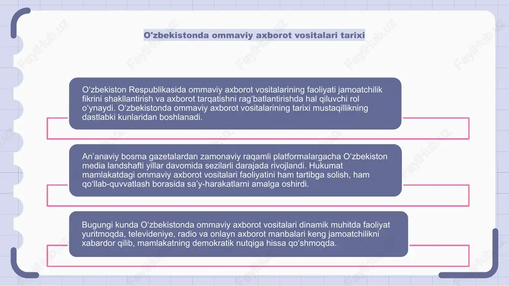ari kabi turli faoliyatlar orqali muhim rol o‘ynaydi. ommaviy axborot vositalarining jamiyatga ta'siri katta ahamiyatga ega, chunki u jamoatchilik fikri, xatti-harakati va normalariga ta'sir qiladi, madaniy siljishlar va jamiyatdagi o'zgarishlarga hissa qo'shadi. o‘zbekistonda ommaviy axborot vositalari muloqotni rivojlantirish, xilma-xillikni rag‘batlantirish va kuch tuzilmalariga qarshi kurashish orqali jamiyat va madaniyat o‘rtasidagi dinamik o‘zaro ta’sirga yordam beradi va pirovardida millat o‘ziga xosligini shakllantiradi. o‘zbekiston ommaviy axborot vositalarida professionallik va axloq o‘zbekistonda ommaviy axborot vositalari jamoatchilik fikrini shakllantirish va axborotni tarqatishda muhim o‘rin tutadi. jurnalistlar professionallikka e'tibor qaratgan holda, to'g'ri va axloqiy ravishda xabar berishga intiladi. jurnalistlik me’yorlarini qo‘llab-quvvatlashda noxolis xabarlardan qochish va shaxslarning shaxsiy daxlsizligini hurmat qilish kabi axloqiy me’yorlar muhim ahamiyatga ega. ommaviy axborot vositalarining jamiyatdagi ta’siri bu qadriyatlarni asrash muhimligini ta’kidlaydi. o‘zbekistondagi ommaviy axborot vositalari oshkoralik va hisobdorlikni ta’minlash orqali fuqarolarning yanada xabardor va faol bo‘lishiga hissa qo‘shadi. professionalizm va odob-axloq qoidalariga rioya qilish media sanoatining ishonchliligi va yaxlitligini ta'minlashda …