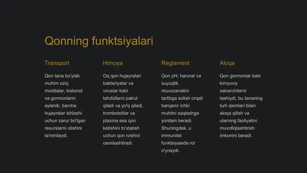 lorodsizlangan qonni yurakning o'ng tomonidan kislorod bilan ta'minlash uchun o'pkaga o'tkazadi va keyin kislorodli qonni yurakning chap tomoniga qaytaradi. plazma : tarkibi : plazma qonning suyuq qismi bo'lib, uning hajmining taxminan 55% ni tashkil qiladi. u asosan suv (taxminan 90%), shuningdek, oqsillarni (masalan, albumin, globulinlar va fibrinogen), elektrolitlar, ozuqa moddalari, gazlar, gormonlar va chiqindilarni o'z ichiga oladi. funktsiyalari : plazma ozuqa moddalari, gormonlar va oqsillarni tananing ularga muhtoj bo'lgan qismlariga tashish uchun vosita bo'lib xizmat qiladi. bundan tashqari, chiqindilarni hujayralardan tashqariga olib chiqadi. 9 qon bilan bog'liq keng tarqalgan kasalliklar anemiya tanada etarli darajada sog'lom qizil qon tanachalari yoki gemoglobin etishmasligi, charchoq va zaiflikka olib keladigan holat. leykemiya qon va suyak iligiga ta'sir qiluvchi saraton turi, g'ayritabiiy oq qon hujayralarining ortiqcha ishlab chiqarilishi bilan tavsiflanadi. qon quyqalari qon tomirlarini to'sib qo'yadigan qon hujayralarining g'ayritabiiy to'planishi, bu insult yoki chuqur tomir trombozi kabi jiddiy holatlarga olib kelishi mumkin. 10 maintaining a …