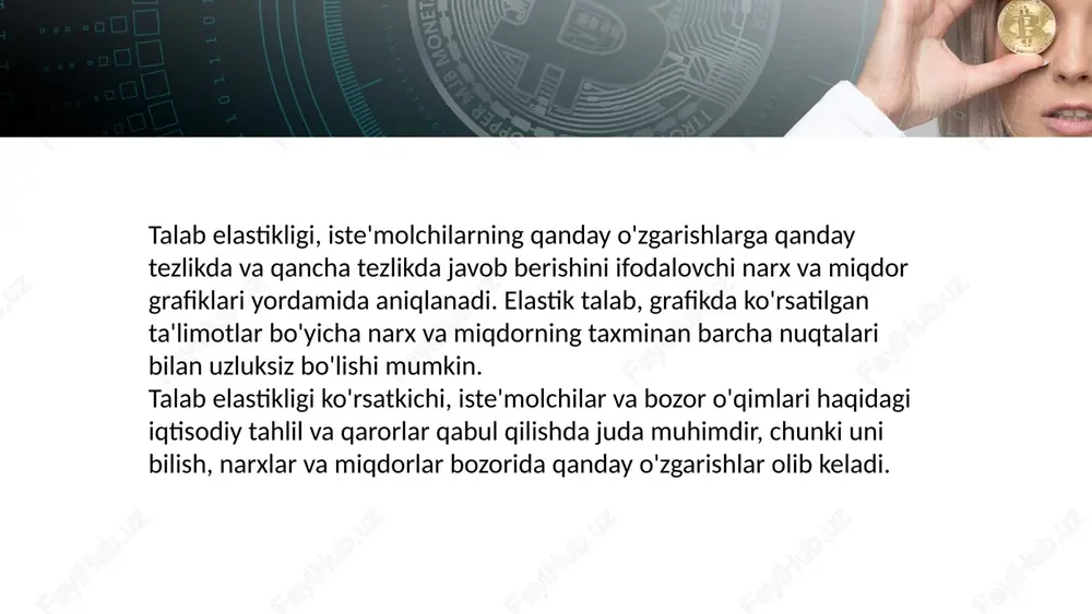 bo'ladi. bu resurslar, mahsulotni yaratish va taqdim etishni oson va tez amalga oshirish imkonini beradi. katta miqdorda ombor: mahsulotni sotish uchun katta miqdorda ombor bo'lsa, taklif elastikligi oshadi. ombordagi ko'p mahsulotlar, sotish uchun xarajatlarini tez olishadi va narxlarni o'zgartirish imkonini beradi. arzon ishchi kuchlar: agar kasb-hunar o'zgarishlarni tez va arzon narxlarda olib borishi mumkin bo'lsa, taklif elastikligi yuqori bo'ladi. bu holatda mahsulotlar va xizmatlar osonlik bilan keng tarqalgan bo'lsa, taklif elastikligi oshadi. this presentation uses a free template provided by fppt.com www.free-power-point-templates.com oziq-ovqat va boshqa faol sohalardagi mahsulotlar: mahsulotlar va xizmatlar, oziq-ovqat va boshqa faol sohalarda iste'mol qilinishi mumkin bo'lsa, taklif elastikligi oshadi. misol uchun, beton, metall, yaxshi kishilar va boshqa dastlabki investitsiya qilayotgan sohalarda o'zgarishlarni tez amalga oshirish imkonini beradi. ishtirokchilar soni: agar bir sohada ko'p ishtirokchilar faol bo'lsa, taklif elastikligi oshadi. ko'p ishtirokchilar faqat ko'proq mahsulotlarni taqdim etish imkonini beradi, ammo bu esa taklif elastikligining yuqori bo'lishiga olib …